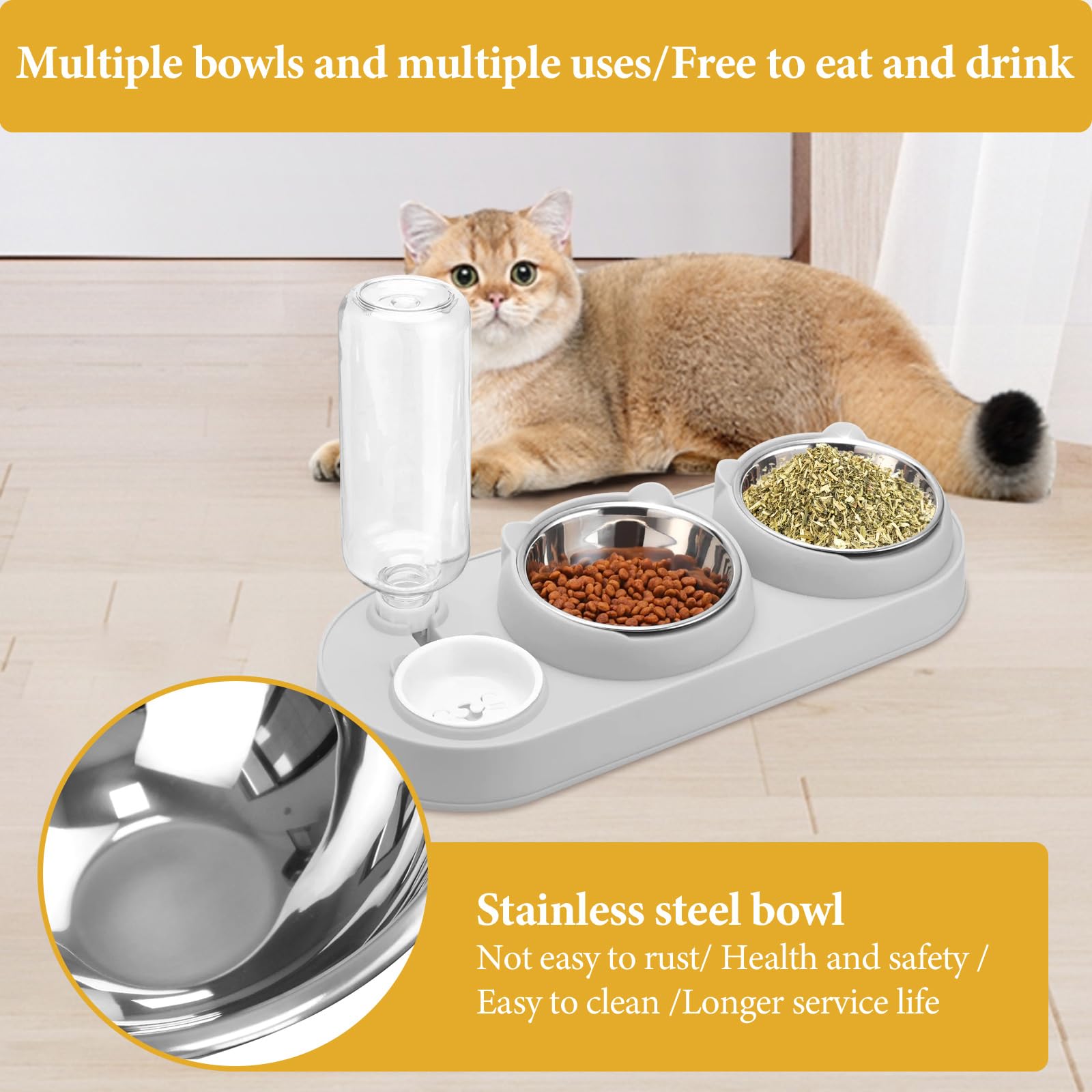 3-in-1 Katzenfutternapf-Set – 2 Edelstahlschalen Mit 15° Neigung + Trinkflasche – Anti-Erbrechen & Spülmaschinenfest