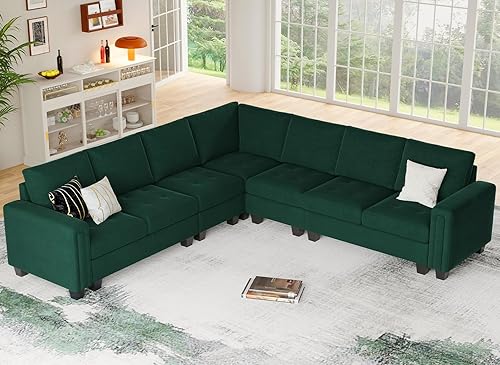 Belffin Sofá modular de terciopelo en forma de L, sofá seccional convertible de gran tamaño con diván reversible para sala de estar, verde