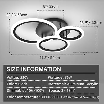 EIDISUNY Modern Led Dimmable Ceiling Light, 3 Circle Black Ceiling Lights with Remote Control, 3000K-6500K, 3 Circle Modern Led Ceiling Lights Fixture for Living Room Dining Room Bedroom Kitchen - 35W [Energy Class E]