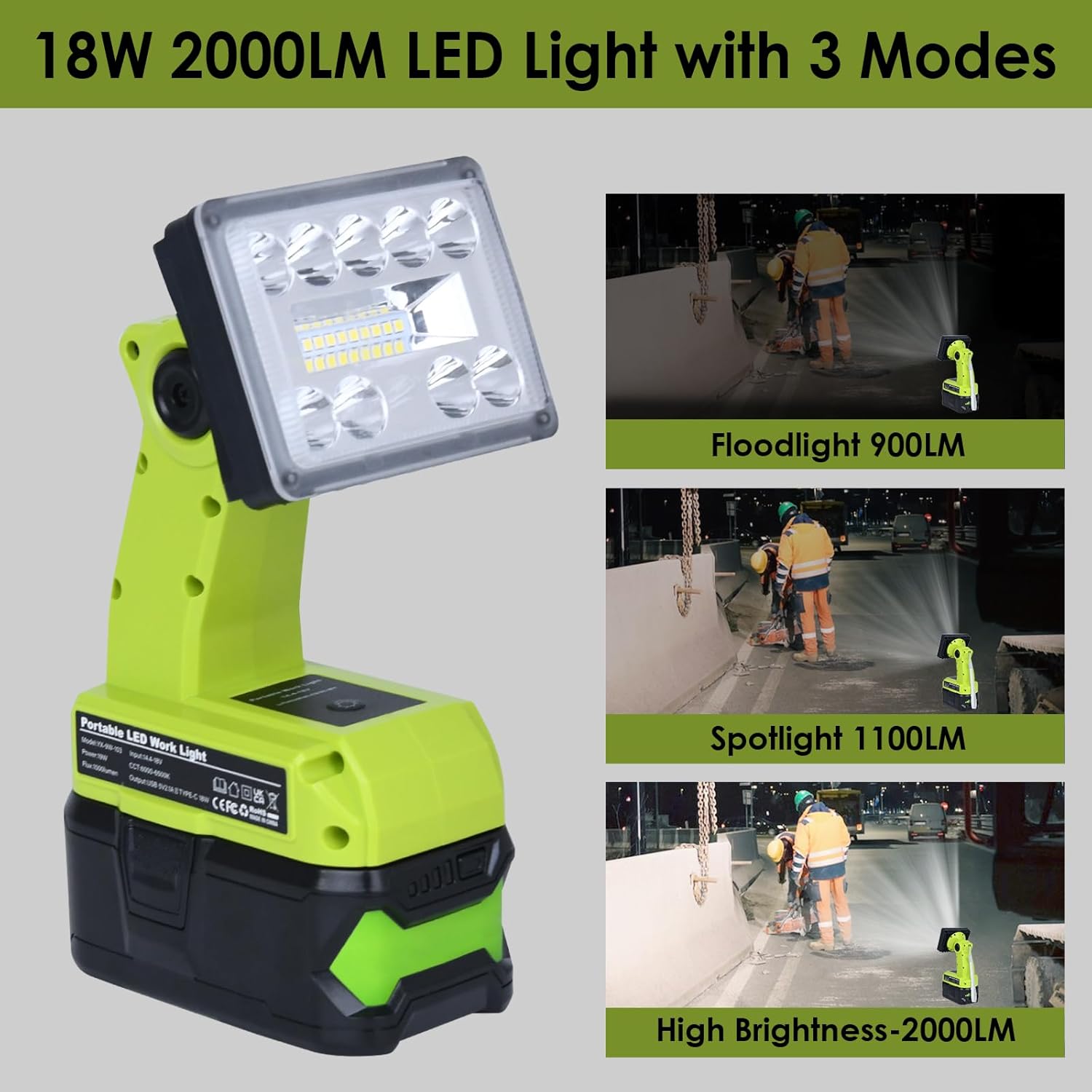 18W 2000LM Cordless LED Work Light Compatible with Ryobi 18V Batteries,90°Adjustable Head Flashlight with USB Charging Port for Job Sites,Camping,Indoor,Outdoor(Battery not Included)