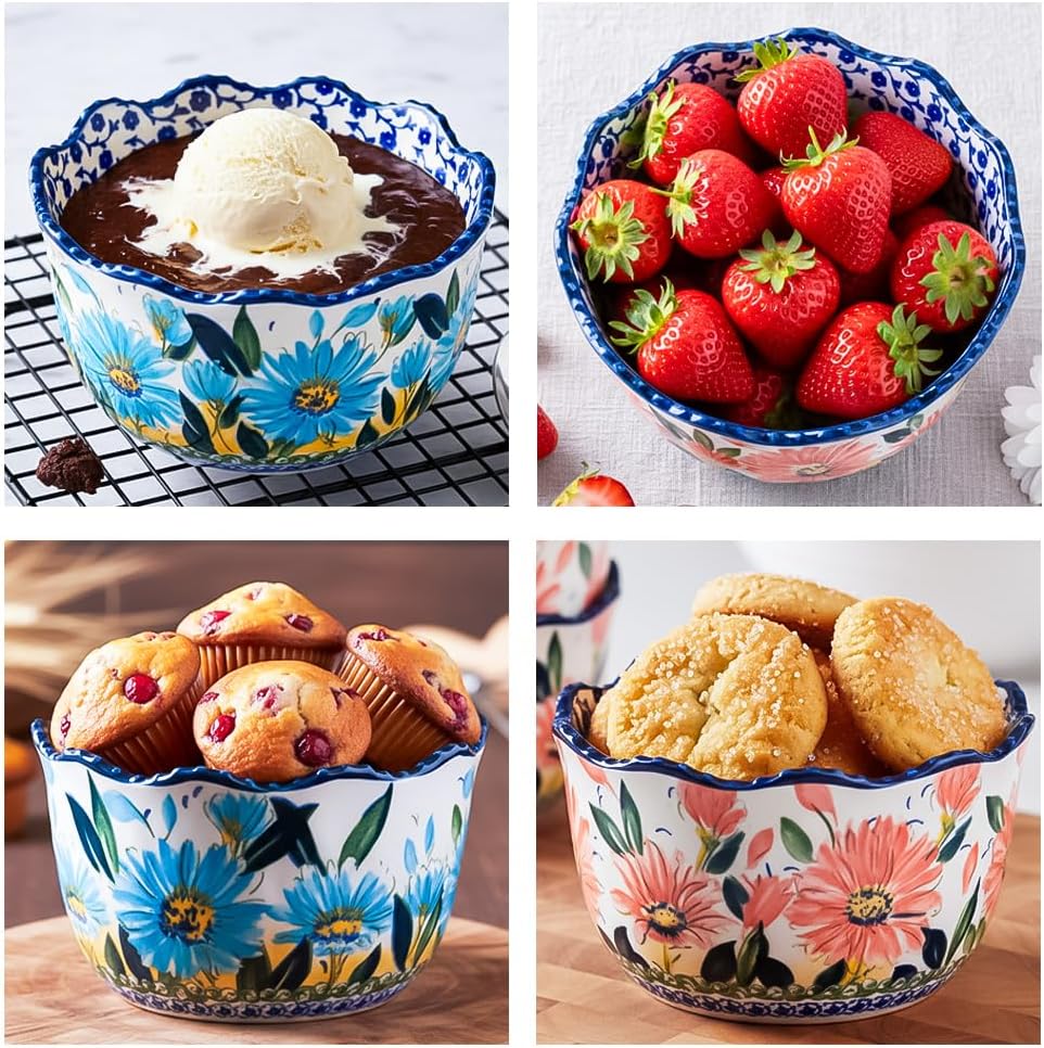 KXZ Ceramic Ramekins Set of 4 – 13.5 oz Oven Safe Small Bowls for Baking and Serving, Porcelain Souffle Cups Dessert Bowls for Creme Brulee, Custard, Dips & Snacks – Hand-Painted Floral Ramekin Set
