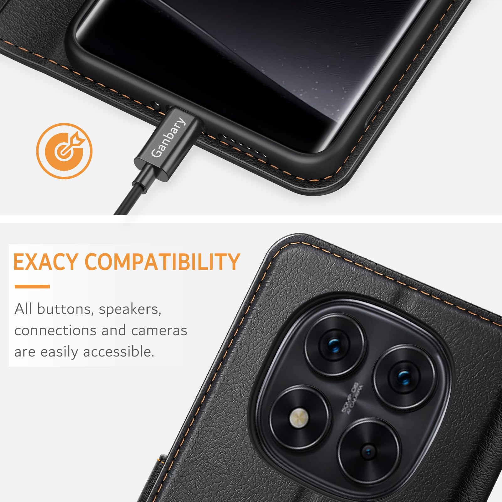 Ganbary Etui kompatybilne z Xiaomi Redmi Note 14 Pro 5G (nie dla 4G), wysokiej jakości etui z klapką ze skóry PU [pełna ochrona] [przegródki na karty] [podpórka], czarne