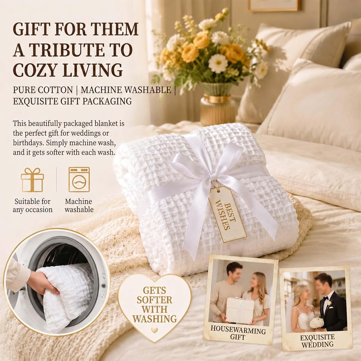100% Cotton White Waffle Bed Blanket,Queen Size for Bed,310 GSM Soft Lightweight and Breathable Blanket for Bed,Couch and Sofa for All Season (90" x 90")