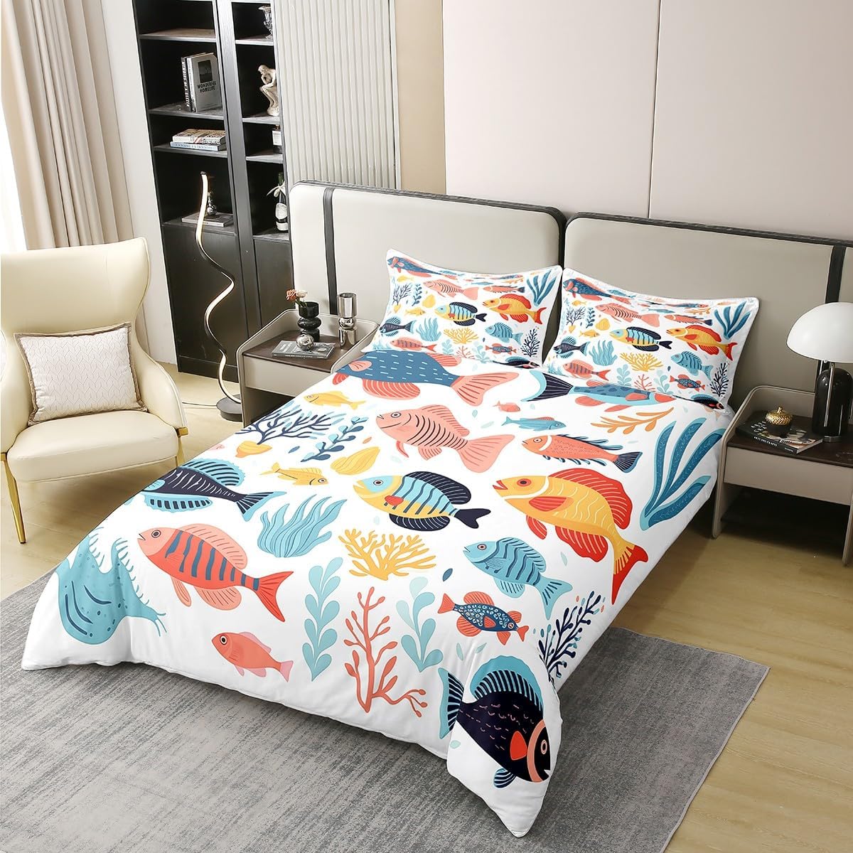Feelyou Boys Girls Ocean Fish Bedding Set Full Size, Sealife Duvet Cover 100% Cotton Kids Cute Cartoon Fish Comforter Cover Nature Marine Animal Teens Bedspread Cover Bed Set with 2 Pillow Case