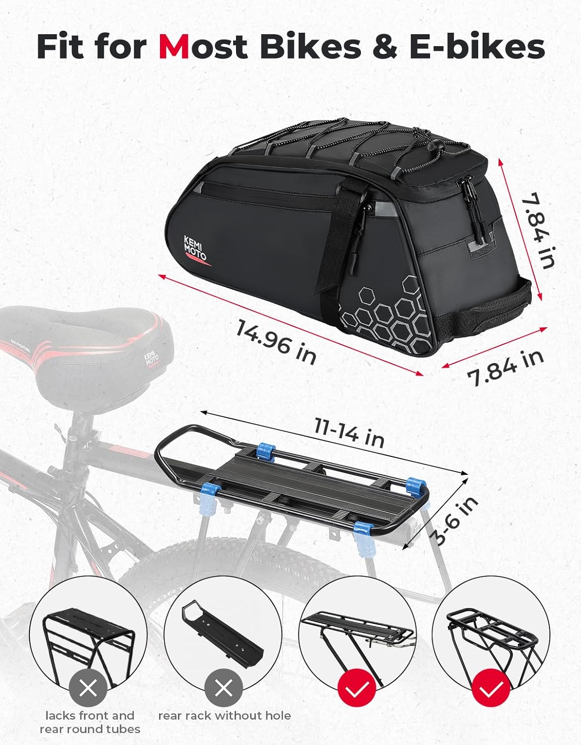 KEMIMOTO Rear Bike Rack Bag, 11L Water-resistant Trunk Bag 3-IN-1, Zippered Bicycle Backpack Shoulder Pannier Saddle Bag for Ebikes Cycling Commuting Travel Outdoor Camping