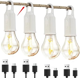 4 Pack Hanging Camping Lights Rechargeable for TentWhite | Tent Lamp with 3 Brightness Modes,Timer Function,Long Battery Life,IP65 Waterproof,Hook,for Camping,Hiking,Emergency Outage