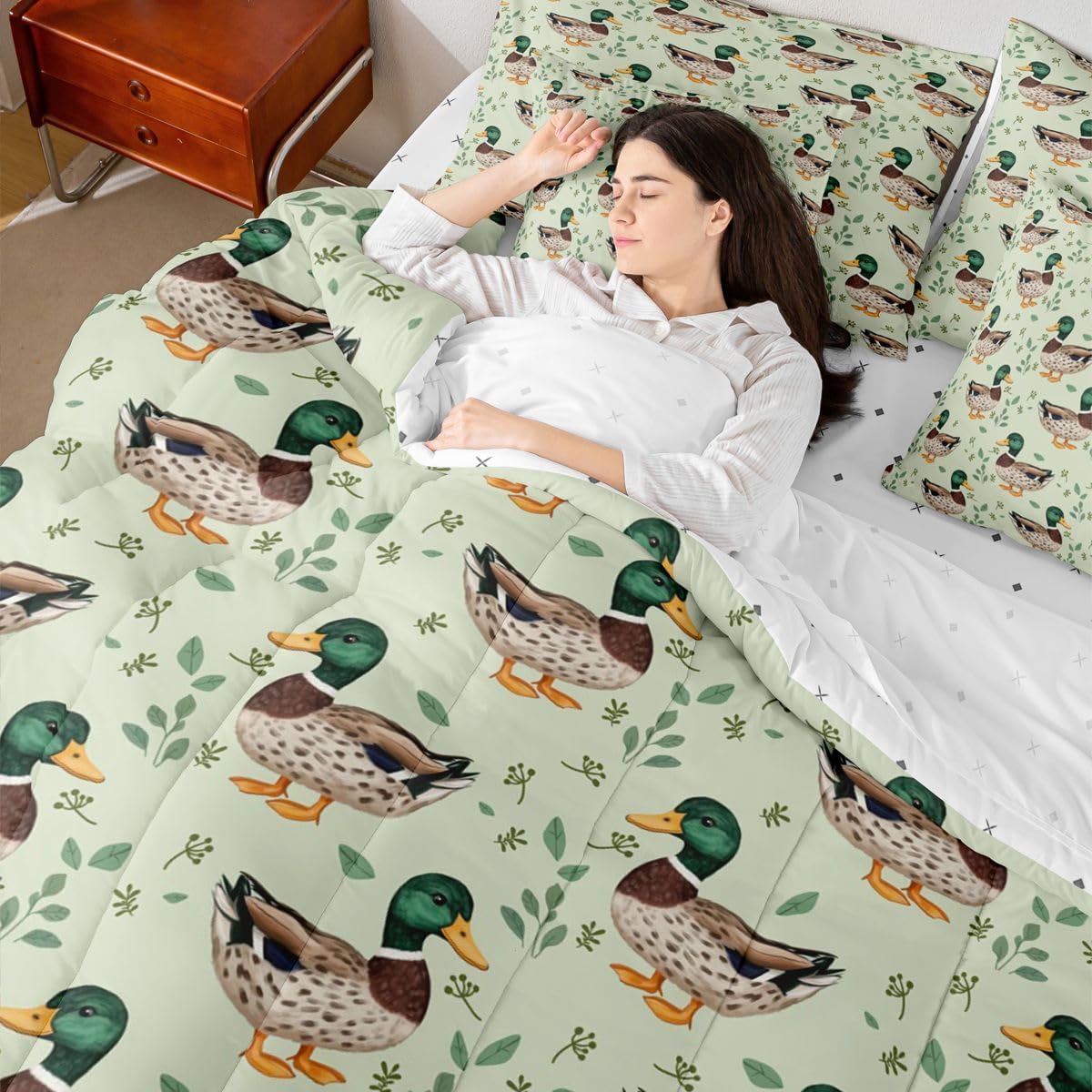 Erosebridal Cute Mallard Duck Full Size 7 Piece Bedding Set for Kids Hunting Fishing Wild Duck Bed in A Bag Farm Animal Rustic Comforter Set for Girls Boys Teens Bedroom Farmhouse Wildlife Bed Sets