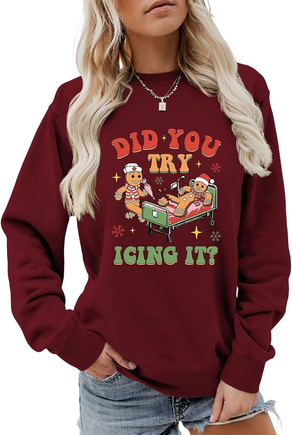 JINGSHANG Icing It Christmas Sweatshirt: Fun & Cute Cookie Nurse Graphic Pullover – Comfy Casual Crewneck Top