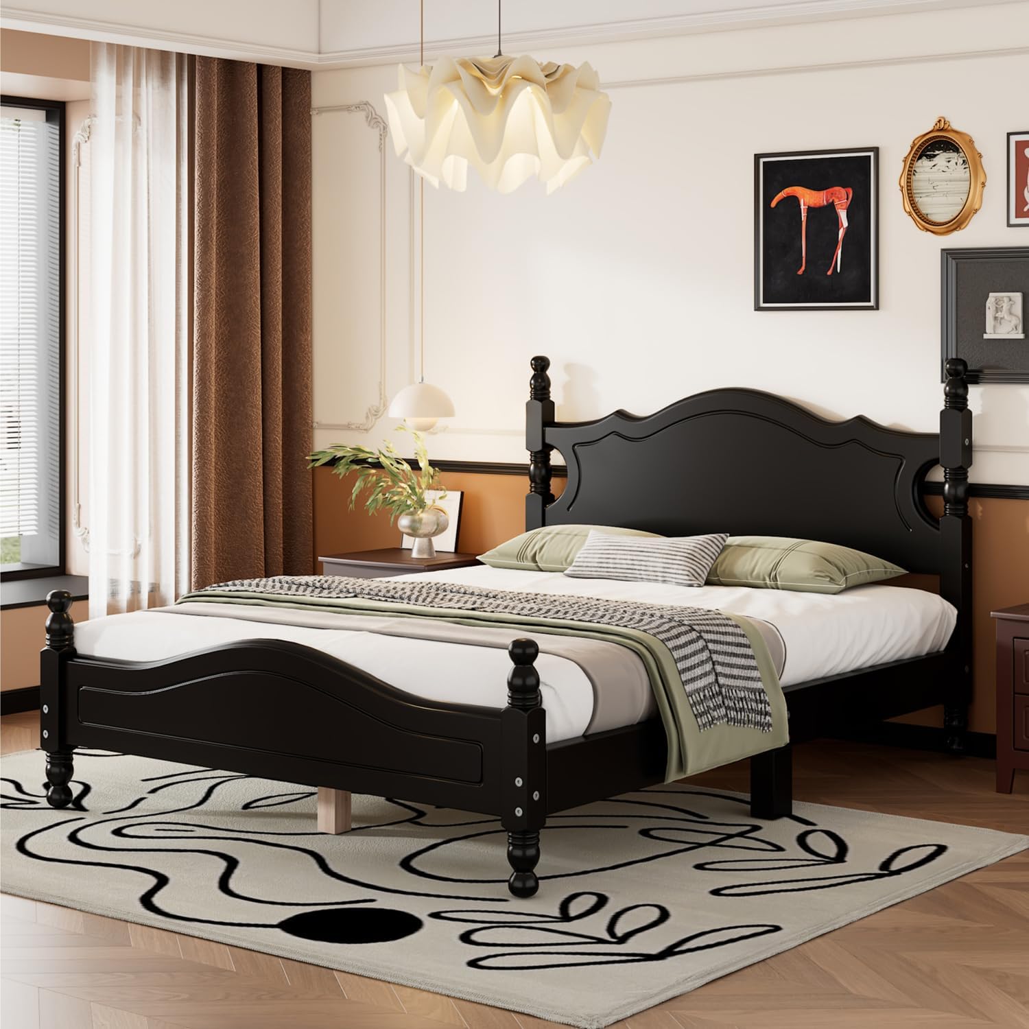 Full Size Solid Wood Bed Frame with Headboard & Footboard – Vintage Platform Wood Bed with 10 Support Slats, Under-Bed Storage Space, No Box Spring Needed (Black, Full)