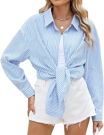 Women Lapel Striped Long Sleeve Blouse Top Shirt Jacket Sweatshirts Cardigan