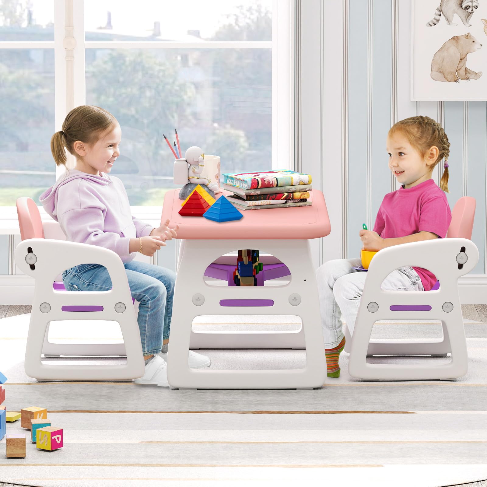 HONEY JOY Kids Table and Chair Set, Plastic Children Activity Table and 2 Chairs w/Building Blocks, Storage, for Art Craft, Toddler Table and Chair Set for Daycare Playroom, Gift for Boys Girls (Pink)