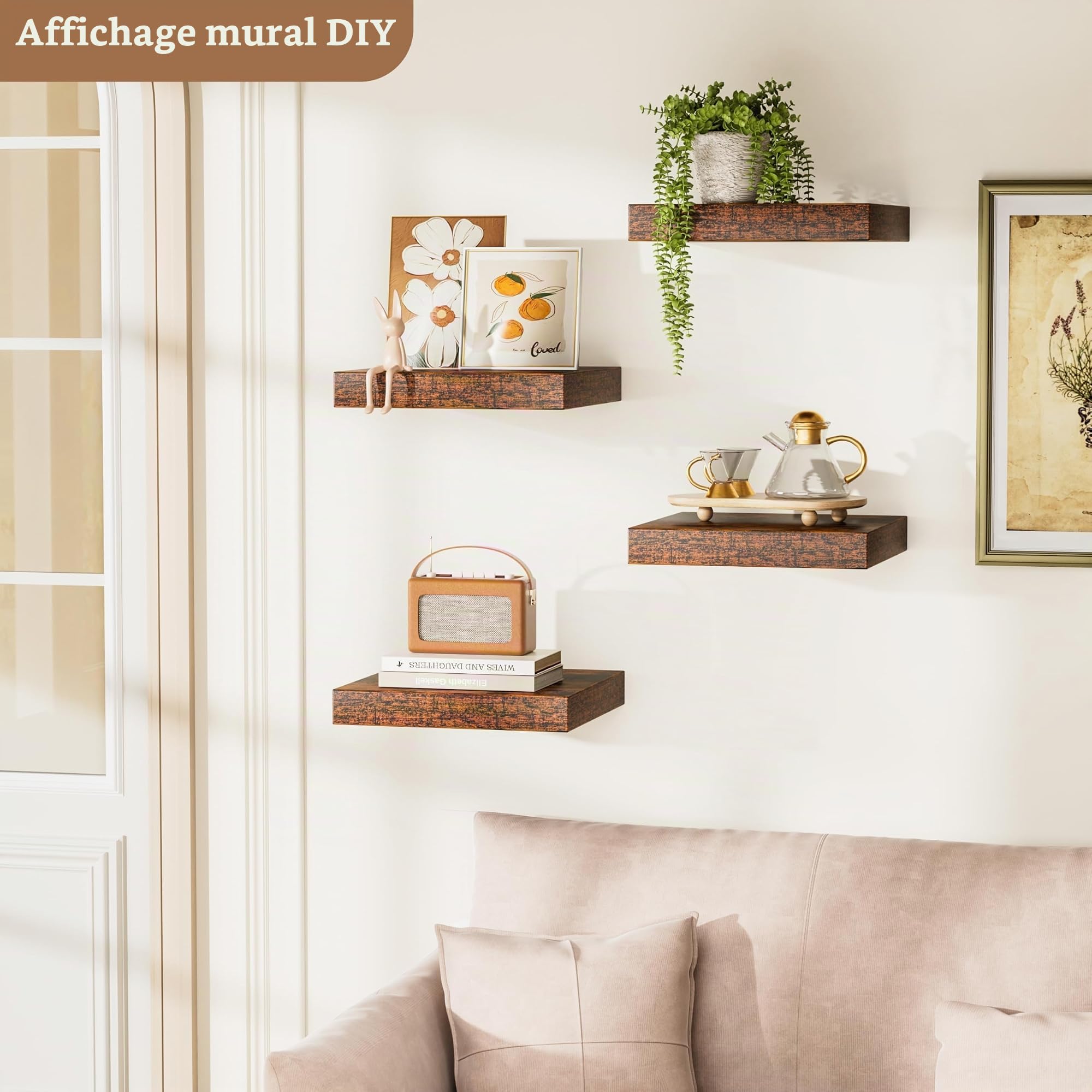 Étagères Murales Flottantes Lot de 4 (25 x 25 x 3,8 cm) | Étagère en Bois avec Fixation Invisible, pour Salle de Bain, Chambre, Cuisine, Toilettes, Salon et Livres (Marron)
