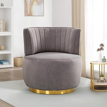 SLEERWAY 360 Swivel Barrel Chair, Modern Velvet Round Accent Chair, Comfy Upholstered Small Armchair with Gold Metal Base for Living Room Bedroom Nursery Office Sillas para Sala, Gray