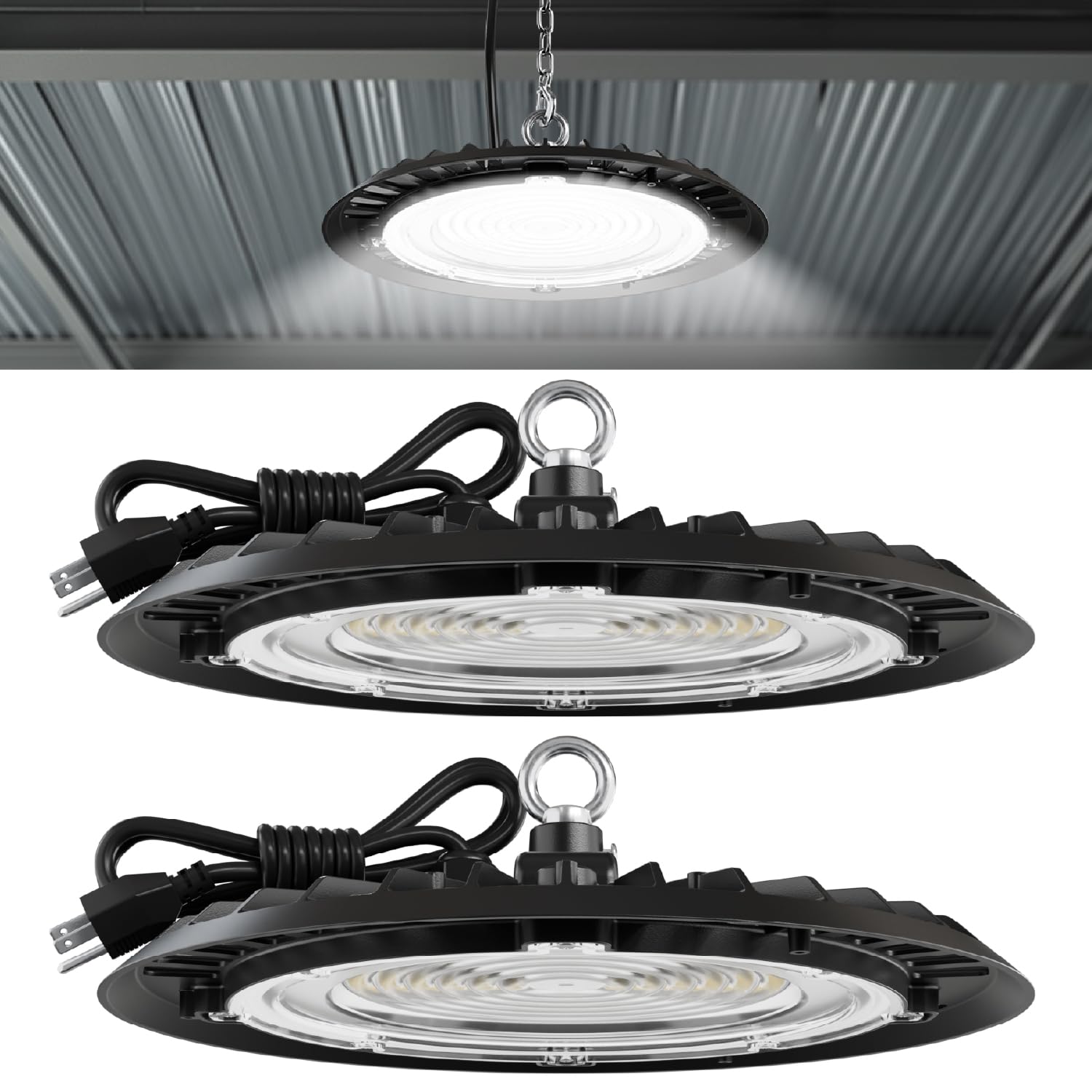 Sunco UFO LED High Bay Light, 150W, 19500 Lumens, 5000k Ultra Bright Commercial Shop Lights for Warehouse, Factory, Workshop, Garage & Barn, Ceiling Mount, Plug & Play, 120V, UL 2 Pack