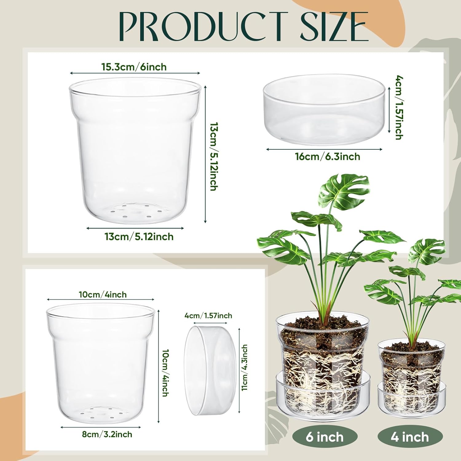 Baderke 4 Inch and 6 Inch Glass Plant Pots with Saucer, Flower Nursery Plant Pots with Drainage for Flower Seed Starter Transparent Seedling (2 Sets)