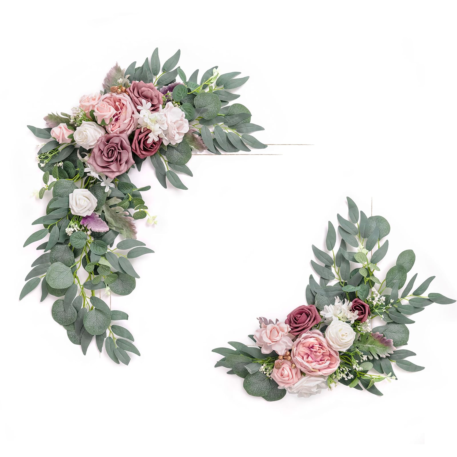 Ling's Moment 2pcs Artificial Welcome Sign Swag Wedding Arch Flowers Decorations Floral Eucalyptus Willow Garland Dusty Rose & Cream Rose Ceremony Party Reception Easel Door Wall Home Entryway Outdoor