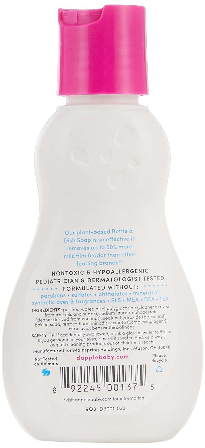 Dapple Baby Dish Bundle Includes Baby Bottle & Dish Liquid, Travel Size 3 Fl Oz and 16.9 Fl Oz Bottle, 2 ct., Fragrance-Free, Powered by Plants, Hypoallergenic