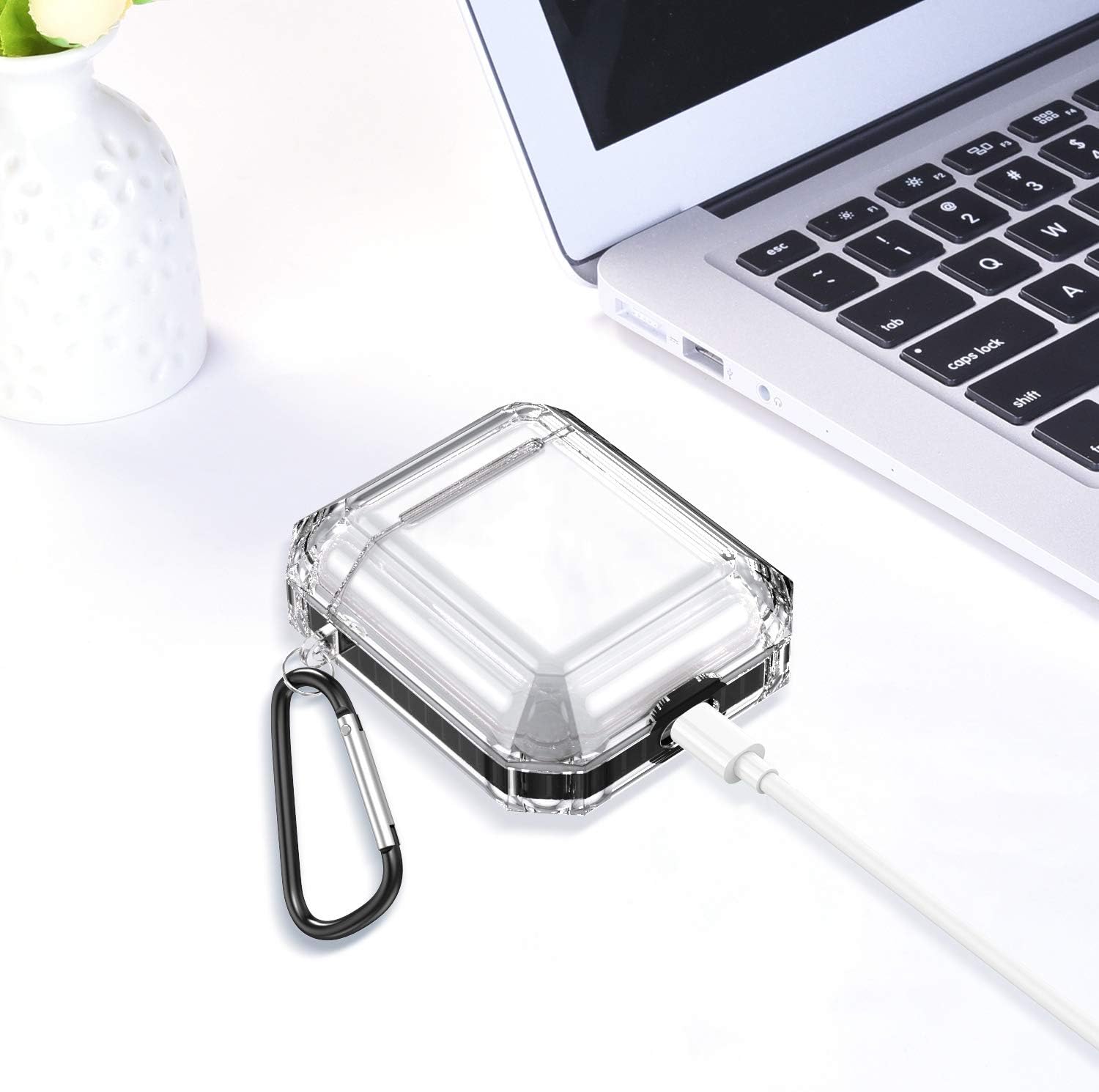 Fitlink Case for AirPods 2&1, Anti-Scratch Shock-Absorption Soft TPU Crystal Clear Case Cover for Apple AirPods 2&1 in Charging Case with Carabiner (AirPods with Wired Charging Case, Black)
