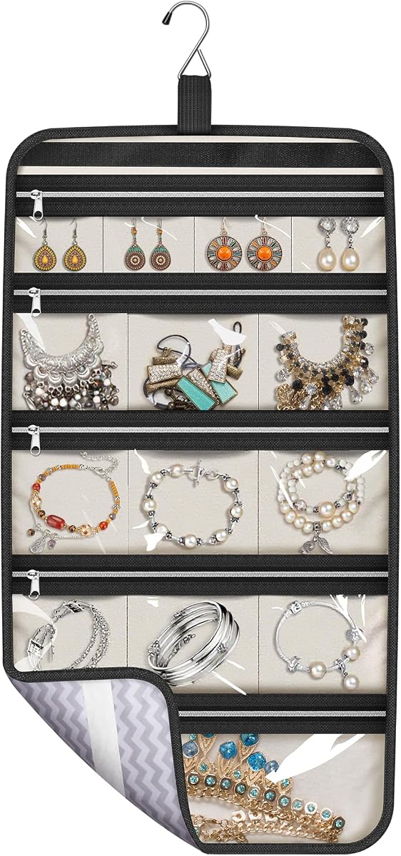 MISSLO Organizador de joyas colgante, estuche de almacenamiento plegable para joyas con 14 bolsillos de algodón con cremallera para viajes, armario, maleta