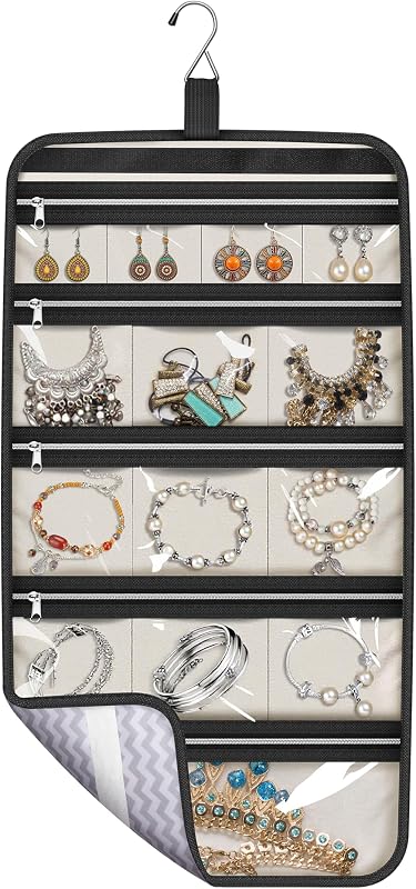 MISSLO Organizador de joyas colgante, estuche de almacenamiento plegable para joyas con 14 bolsillos de algodón con cremallera para viajes, armario, valija