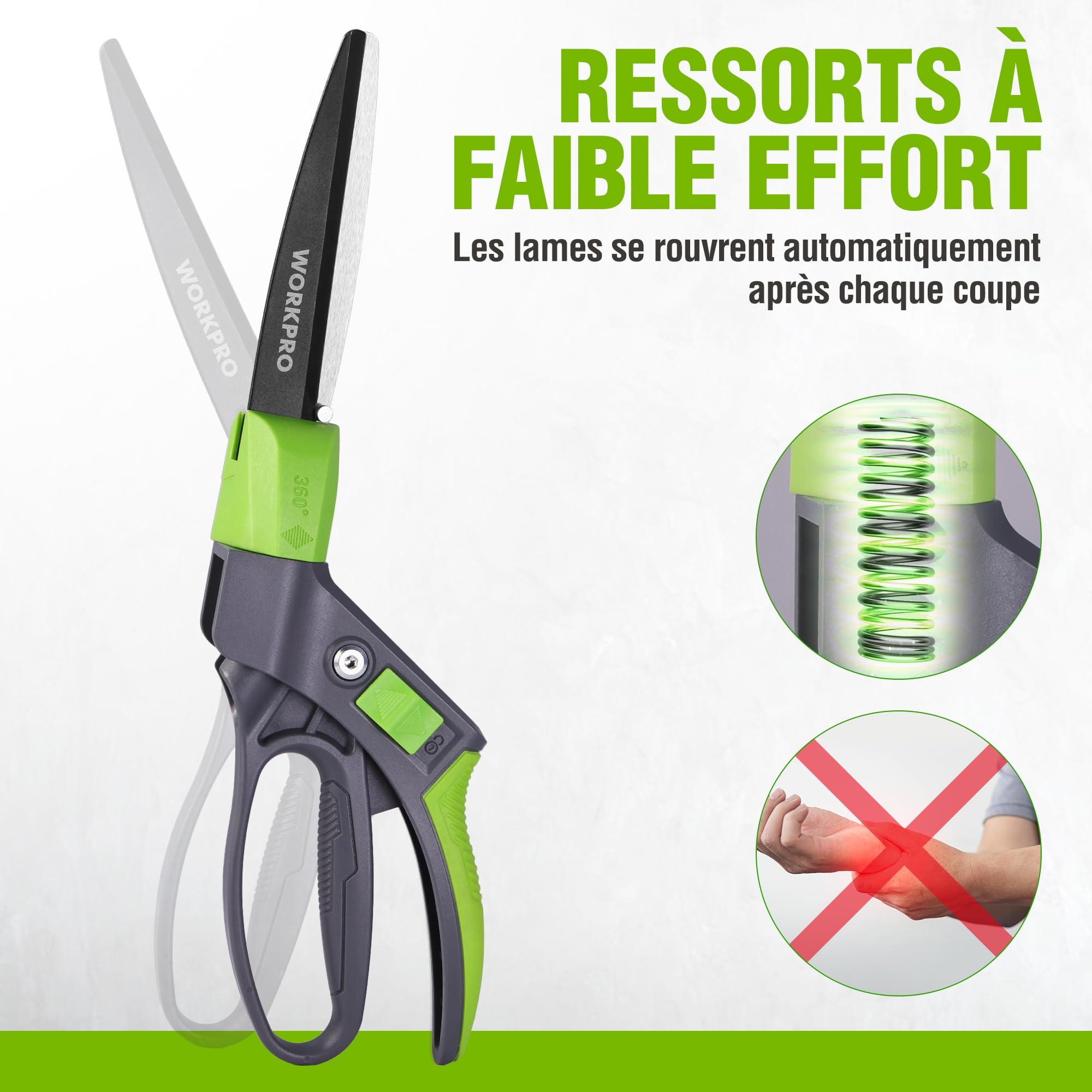 WORKPRO Cisaille à Gazon Rotative 360°, Cisaille Orientable avec Verrou de Sécurité, Poignée Ergonomique, Outil de Jardinage pour Pelouse, Plantes, Bonsaïs et Bordures