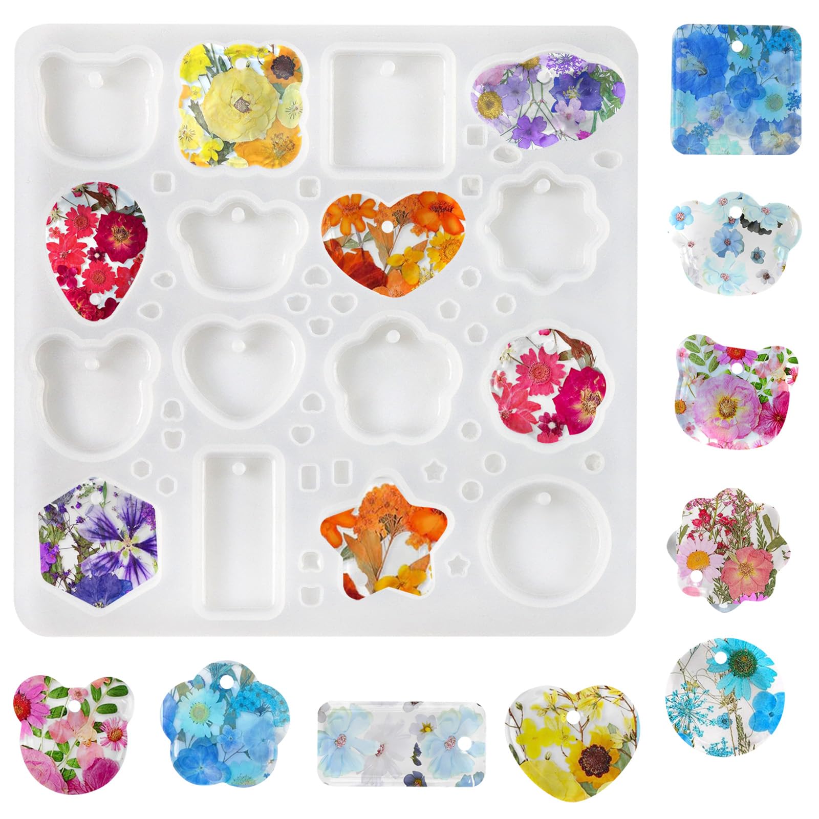 Epoxidharz Formen, Silikonform, Silikonharzform Schlüsselanhänger,16 Mulden, Silikonform Anhänger, Silikonformen Gießformen Schmuck mit Loch für DIY Kunstharz Basteln