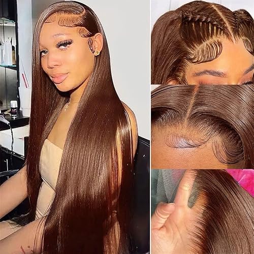 Miniatura 2 de Wear and Go - Pelucas de cabello humano marrón sin pegamento, prearrancadas, color marrón chocolate, encaje frontal, peluca de cabello humano lacio