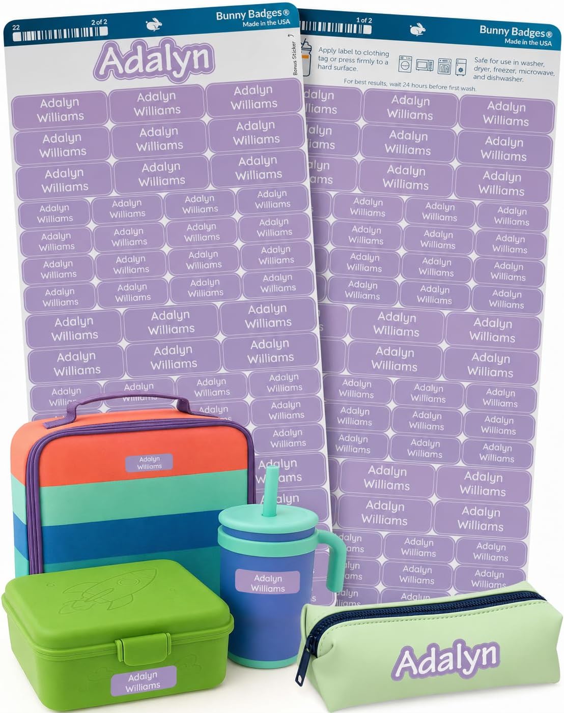 Bunny Badges Personalized Daycare Name Labels for Kids (120 Labels) Custom Label for Clothing Tag - Waterproof Name Stickers for Clothing Tags, Bottles, Backpacks and School Supplies (Lavender Mist)