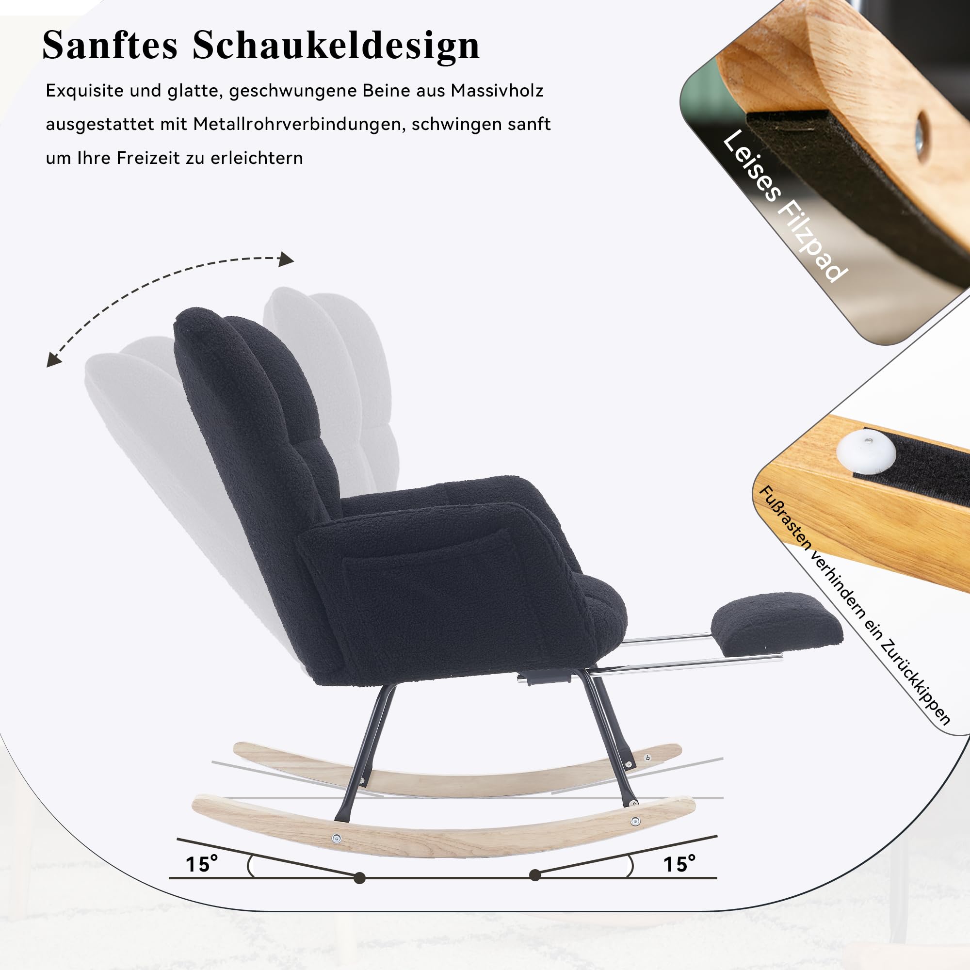 Mecedora, cómoda silla de lactancia, mecedora con reposapiés para sala de estar, dormitorio, cómoda silla de lectura para habitación infantil, adecuada para salón, dormitorio (negro)