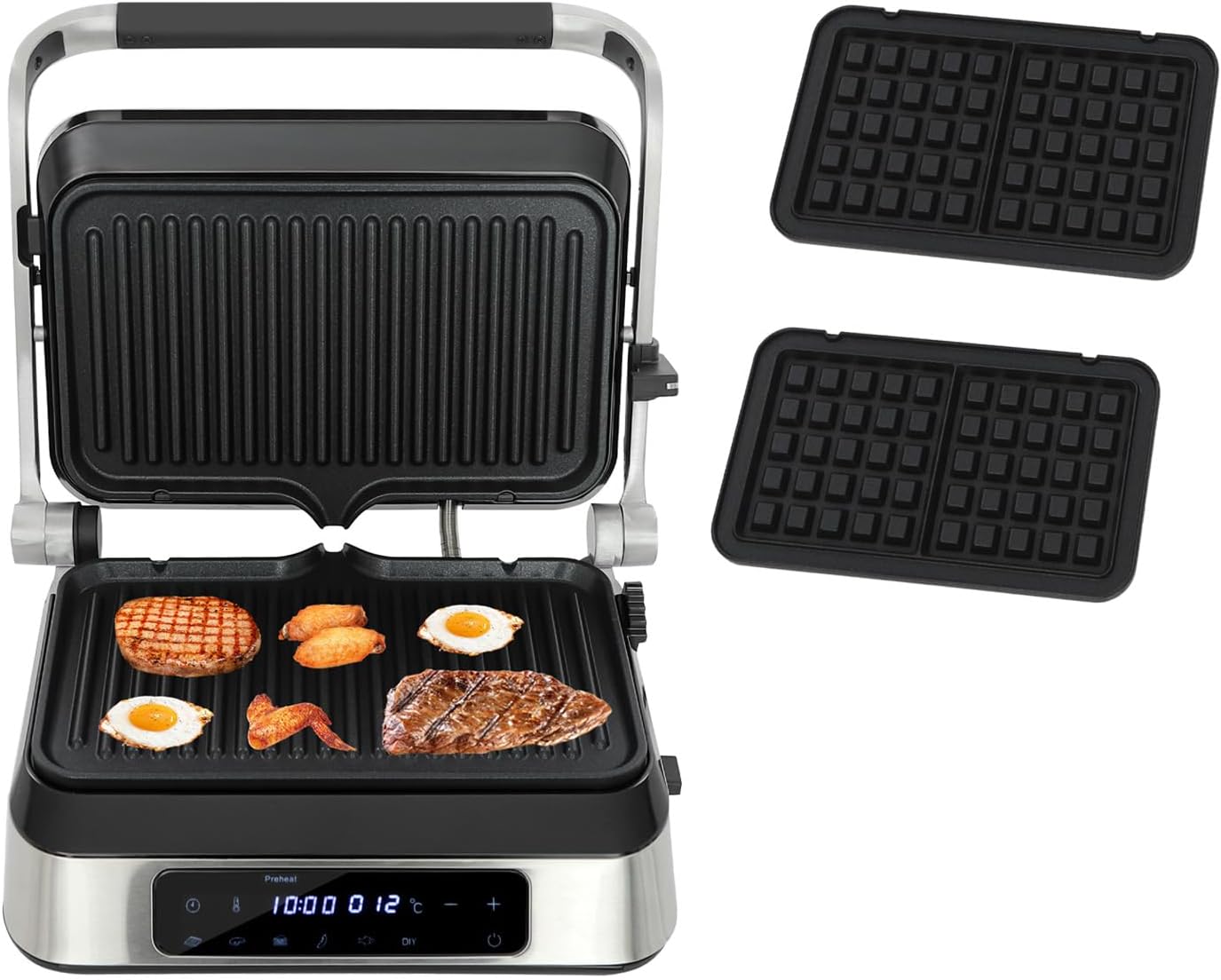 1600W Sandwich Panini Press with 4 Steak & Waffle Baking Trays, Electric Sandwich Panini Maker Grill with Touch Screen, Temperature Time Setting, 180 ° Opening, Nonstick Coating