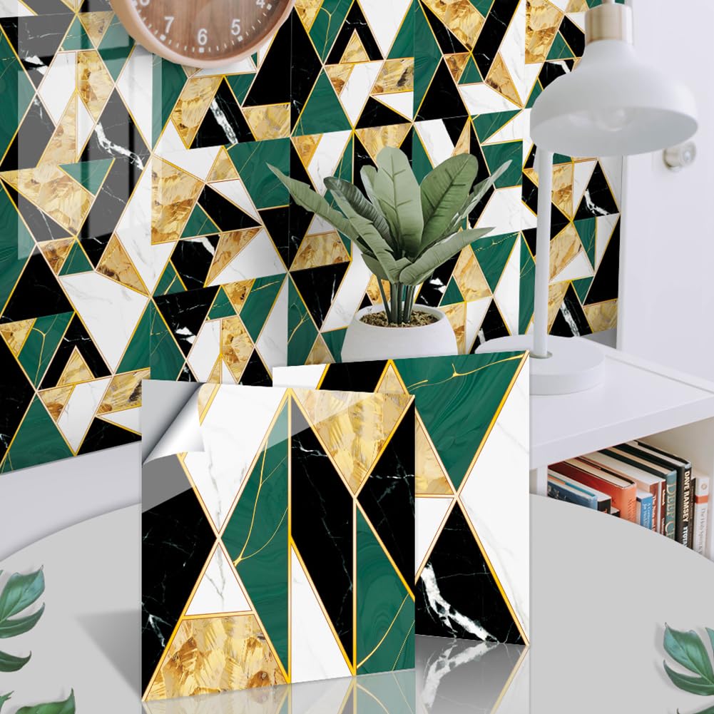 Thick Tile Stickers for Kitchen, Stick On Tiles for Bathroom Wall Self Adhesive Waterproof Vinyl Peel and Stick Wall Tiles Covers, Kitchen Splashbacks for Walls, Gem Golden Green Gorgeous