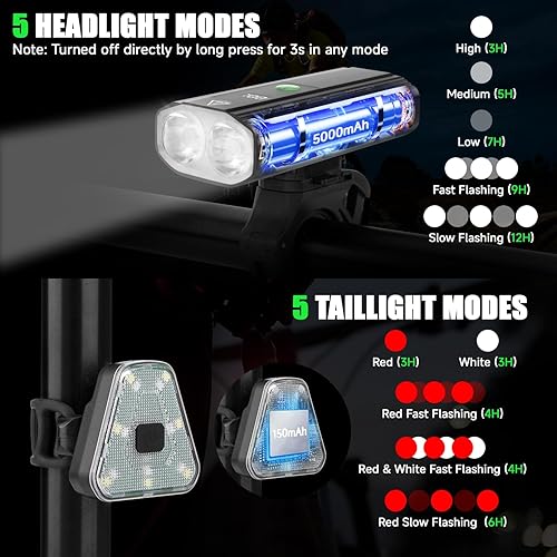 Miniatura 4 de Luces de bicicleta para conducción nocturna, 2000 lúmenes, juego de faros LED superbrillantes y luces traseras, 5+5 modos 5000 mAh USB-C recargable