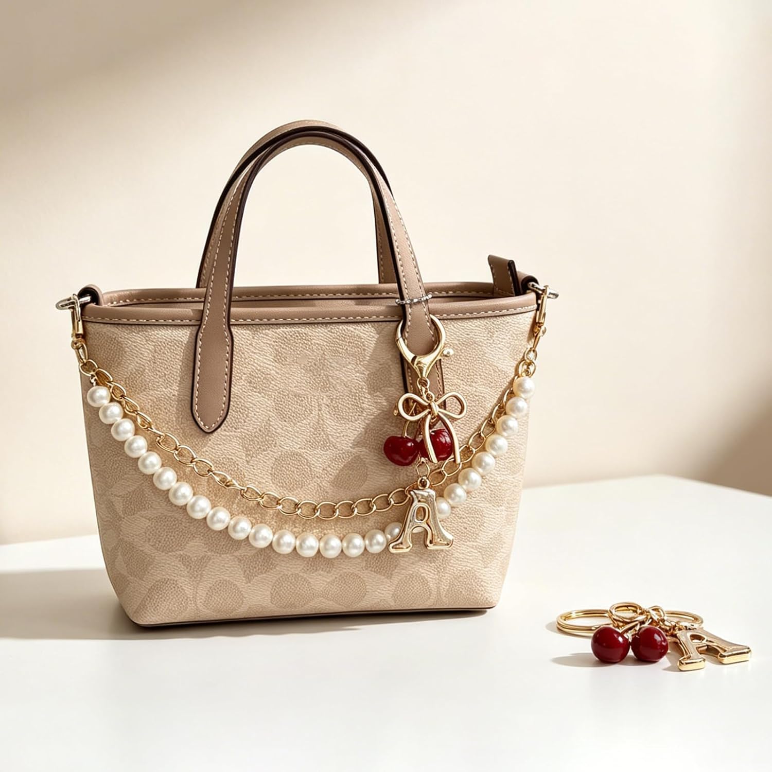 sunla 2-in-1 Bag Charms Set, Cherry Bow Bubble Initial Keychain with Pearl Purse Chain for Women, Cute Handbag Accessories