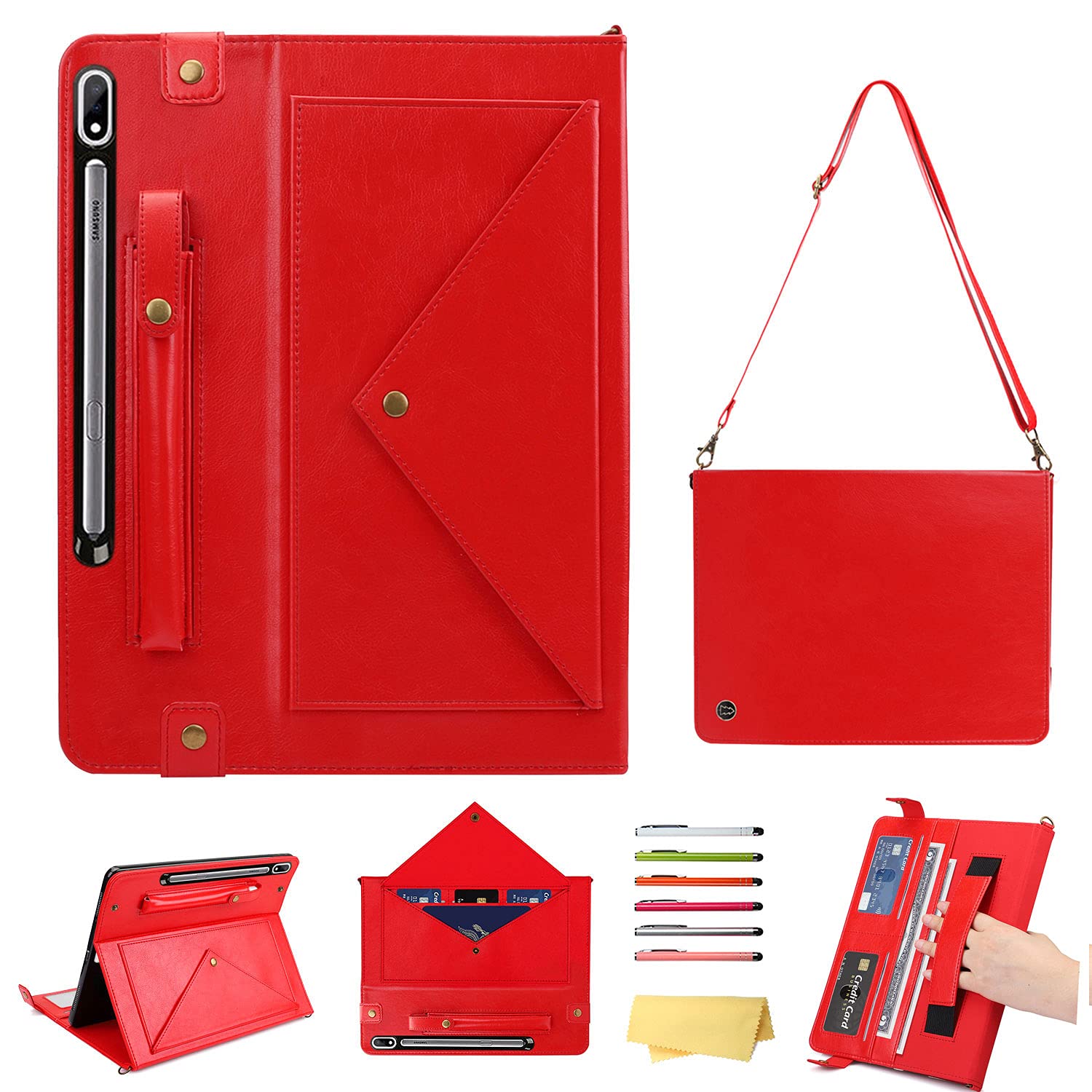UUcovers for Samsung Galaxy Tab S7 Plus/Tab S7+ Tablet 12.4" 2020 Case (SM-T970/T975/T976/T978) with S Pen Holder Shoulder/Hand Strap [Auto Wake/Sleep] Stand Handbag PU Leather Crossbody Cover, Red
