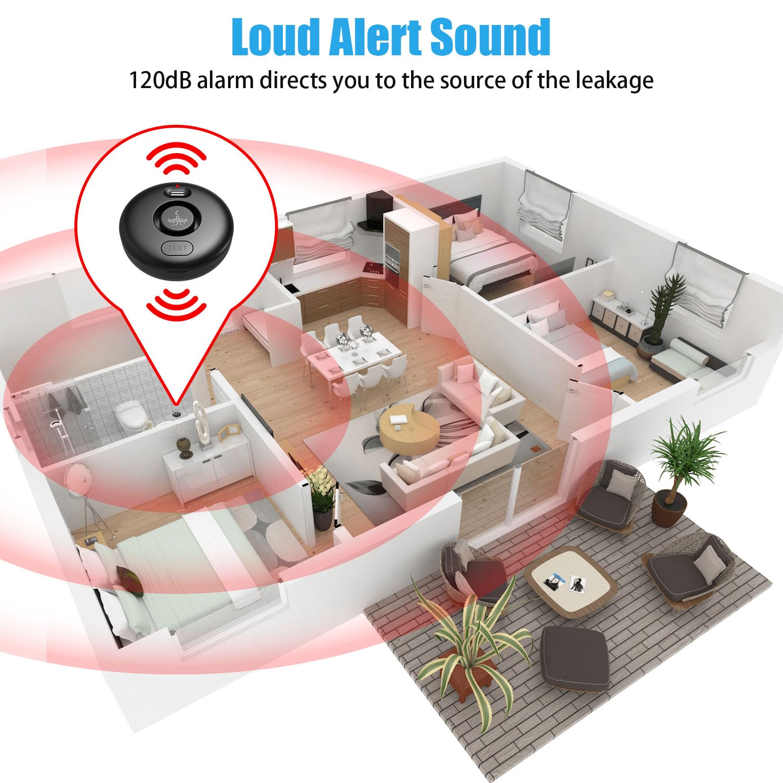 Paquete de 5 detectores de alarma de fugas de agua, sensor de agua de alerta fuerte de 120 dB, IP66 impermeable, alerta sensible de fugas y goteo, fácil instalación para el hogar, prevención de