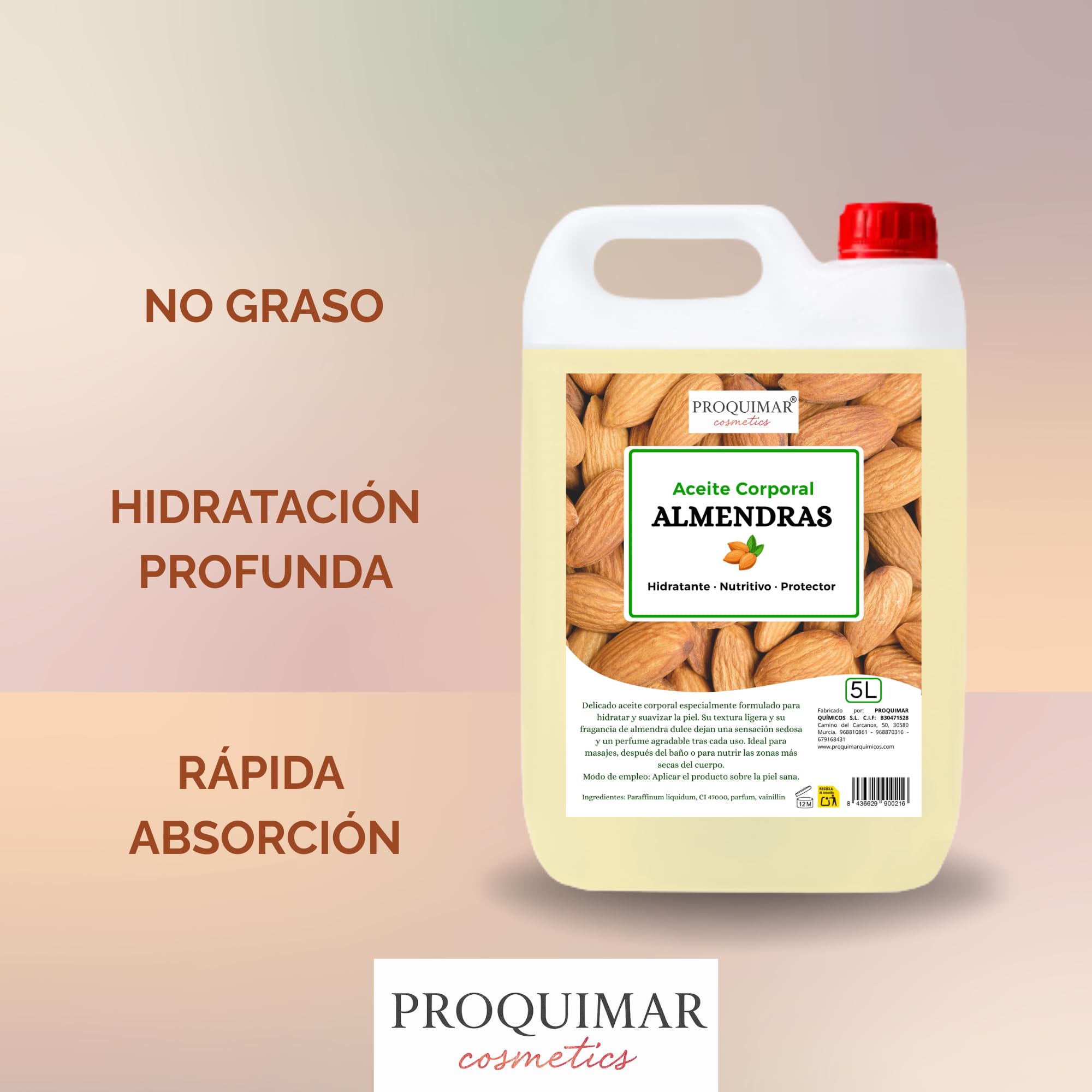 Aceite de Masaje Corporal con Aroma de Almendras Dulces – Formato Profesional 5 Litros – 100% Hidratante Corporal, Masajes y Cabello –Piel Suave, Nutrición Profunda y Aroma Natural
