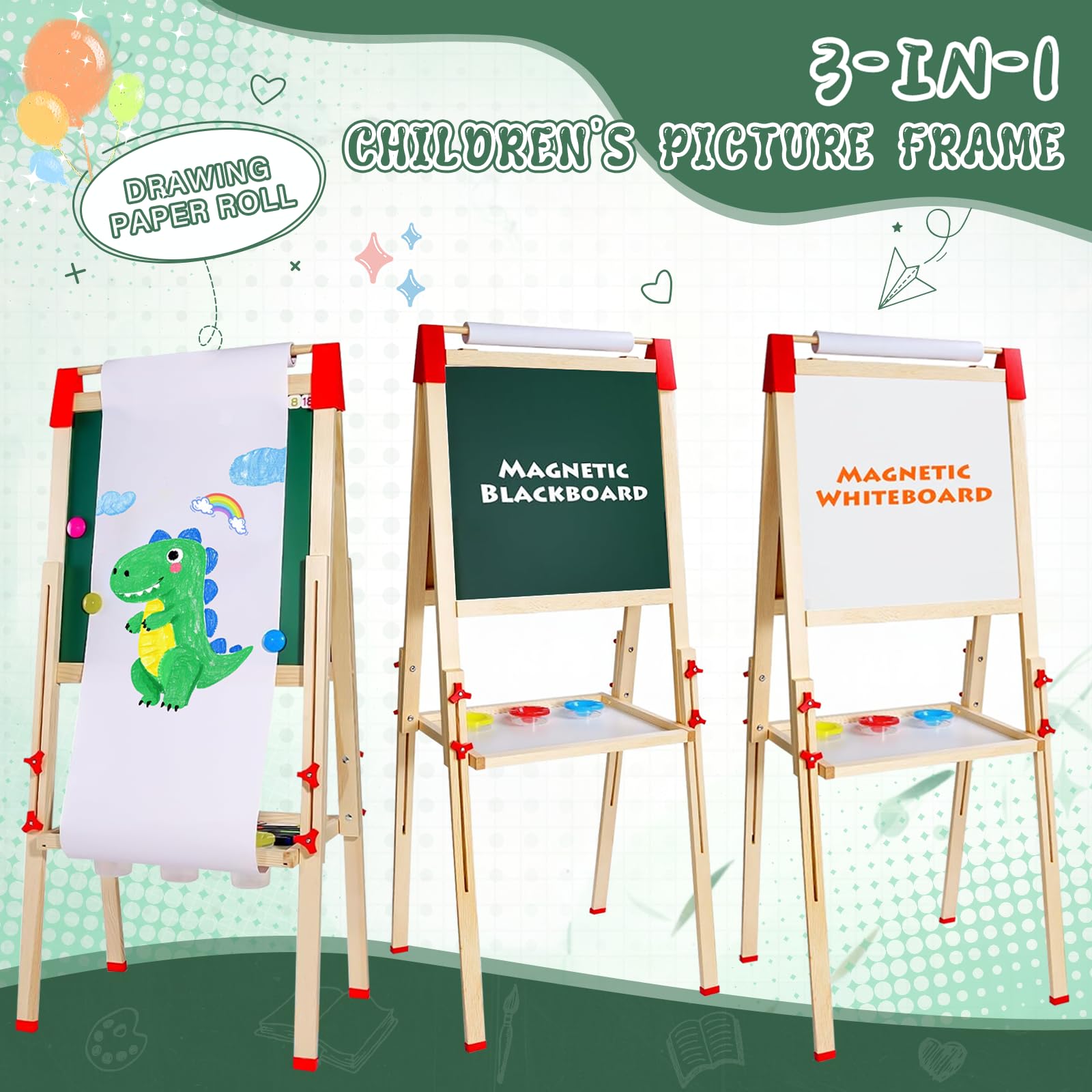 Set de Pizarra Infantil Doble Cara: Pizarra Blanca Infantil con Negro Magnético - Caballete Infantil de Madera Ajustable en Altura - Ideal para Niñas y Niños de 3 a 12 Años (White and Green)