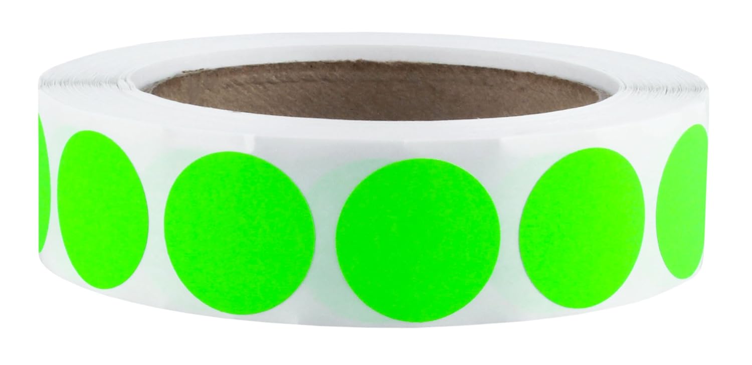 119-0004 Adhesive Dot Label, 1" Diameter, For Inventory and Marking, Fluorescent Green (Roll of 1000)