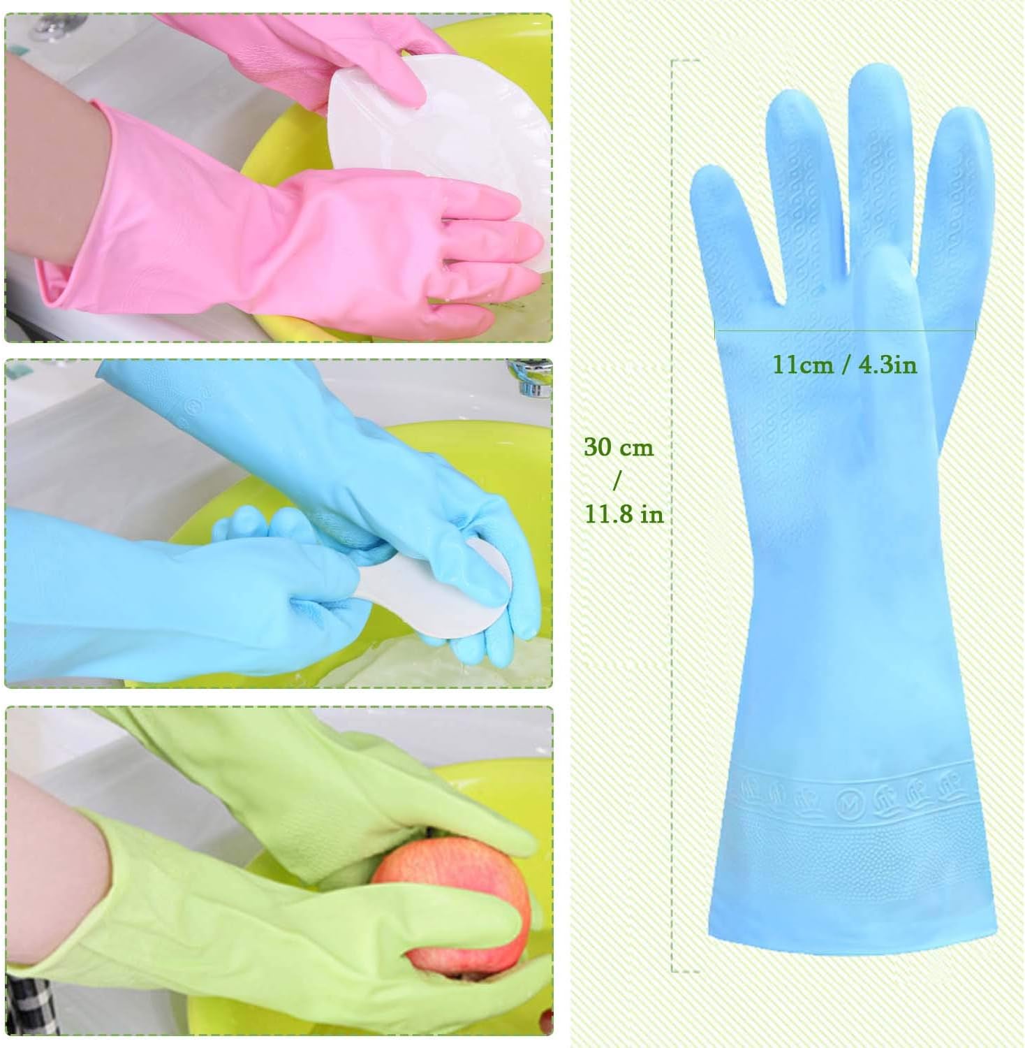 Dishwashing Rubber Gloves Non-Slip Household Laundry Kitchen Cleaning Gloves Reusable PU Waterproof Latex Gloves for Women and Men (Large, 6 Pairs) Pink 2 Pairs Blue 2 Pairs Green 2 Pairs