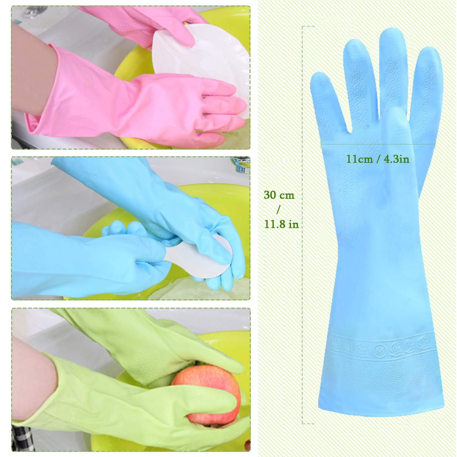 Dishwashing Rubber Gloves Non-Slip Household Laundry Kitchen Cleaning Gloves Reusable PU Waterproof Latex Gloves for Women and Men (Large, 6 Pairs) Pink 2 Pairs Blue 2 Pairs Green 2 Pairs