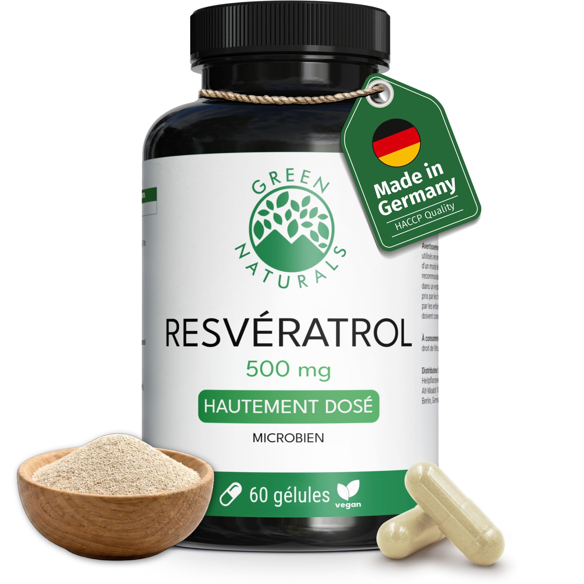 Green Naturals® Trans-Resvératrol 500 mg – Pureté > 98% de trans-resvératrol – Approvisionnement 2 mois – Fabriqué en Allemagne – 100% végétalien & sans additifs – 60 gélules