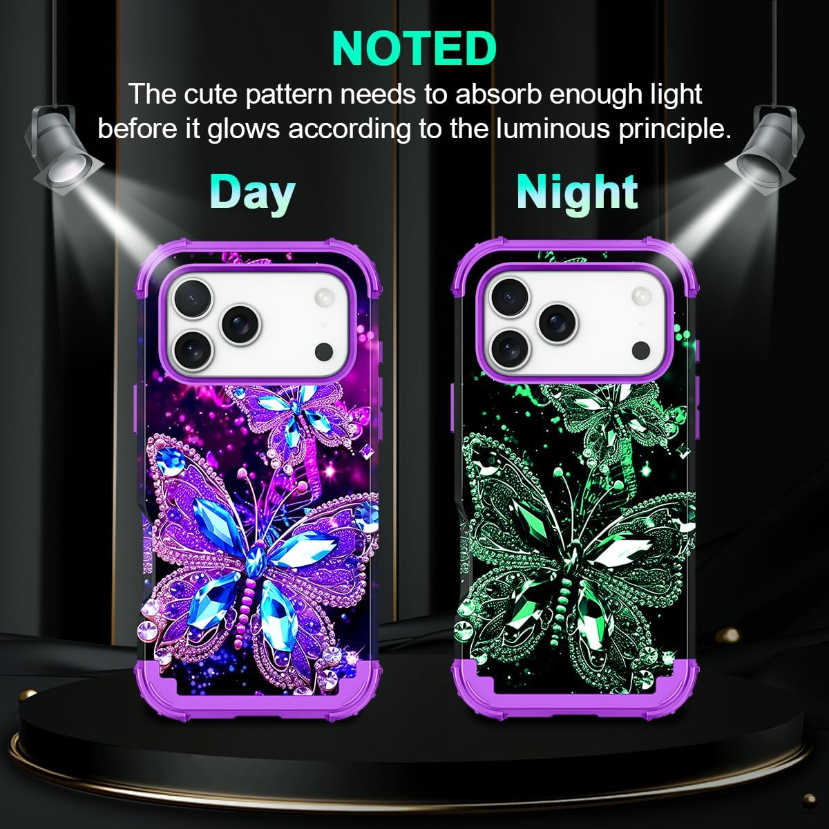 Miqala for iPhone 17 Pro Case,Glow in The Dark Three Layer Heavy Duty Shockproof Protection Hard Plastic Bumper+Soft Silicone Case for iPhone 17 Pro,Dark Butterfly - Image 3