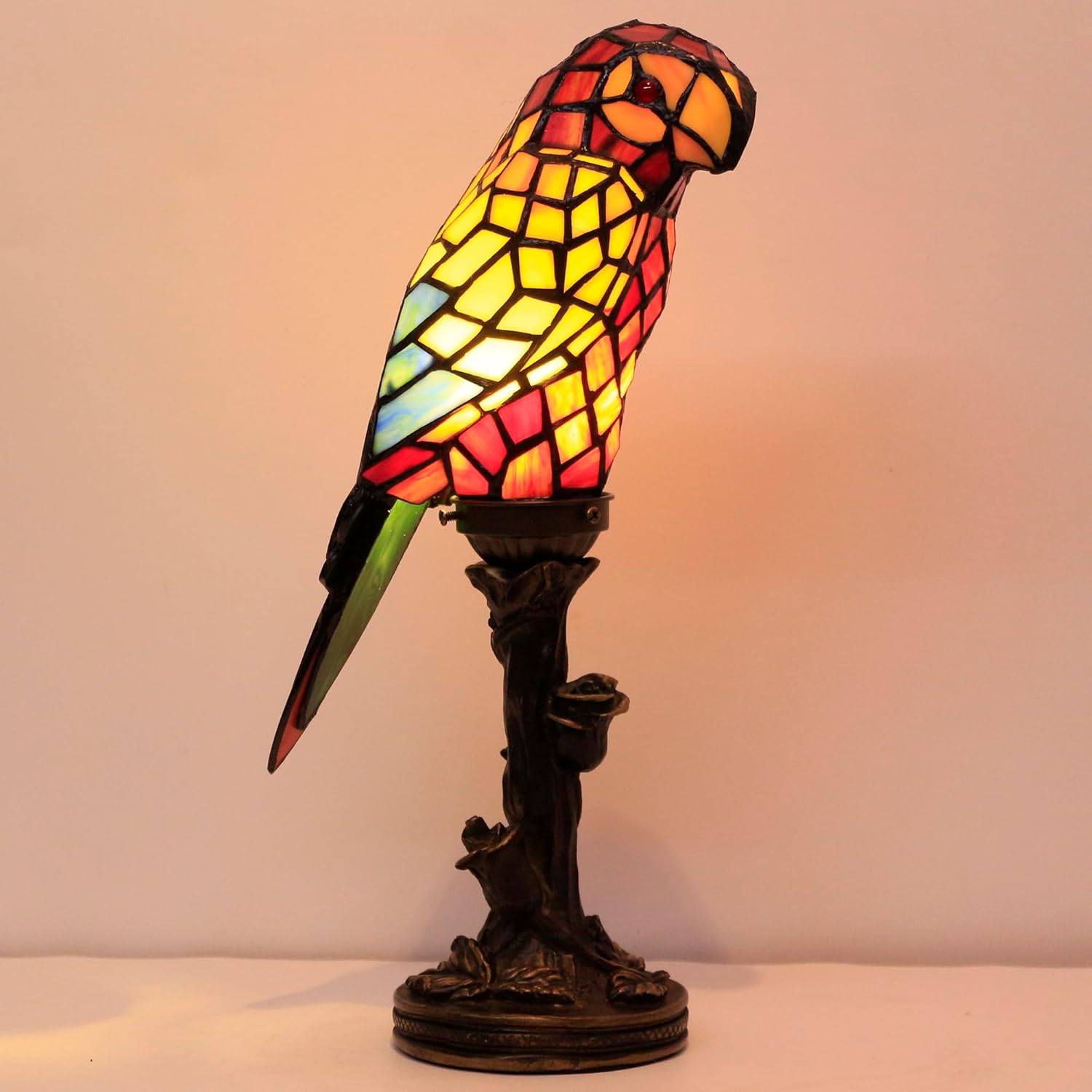 Small Tiffany Lamp Parrot Table Lamp Stained Glass Accent Lamp 15.3 Inch Tall Mini Desk Bedside Night Light for Kids Bedroom (Red)