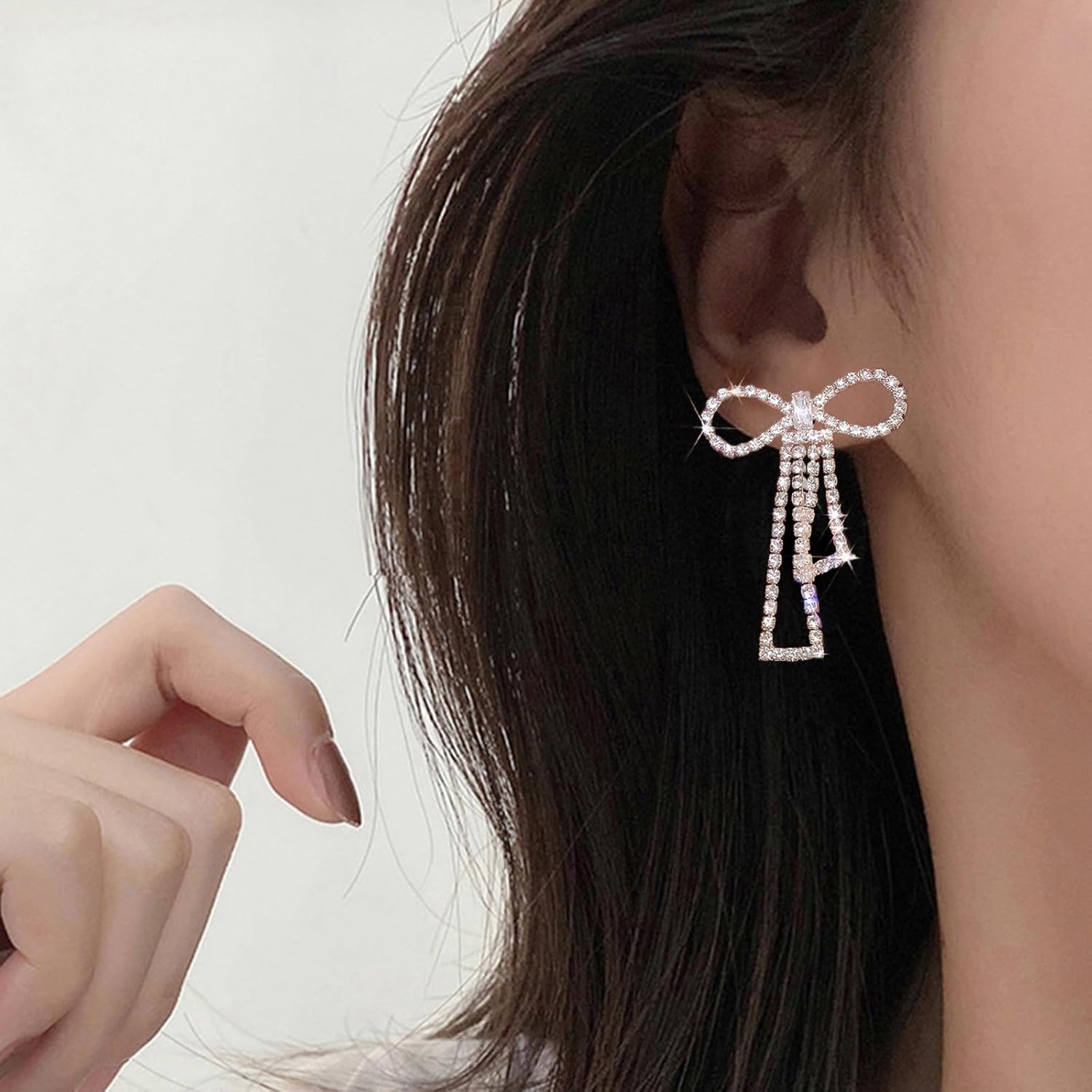 Bow Earrings for Women Rhinestone Long Tassel Earrings Ribbon Bow Drop Earring Silver Stainless Steel Dangle Earrings Cute Sparkly Jewelry - Image 5