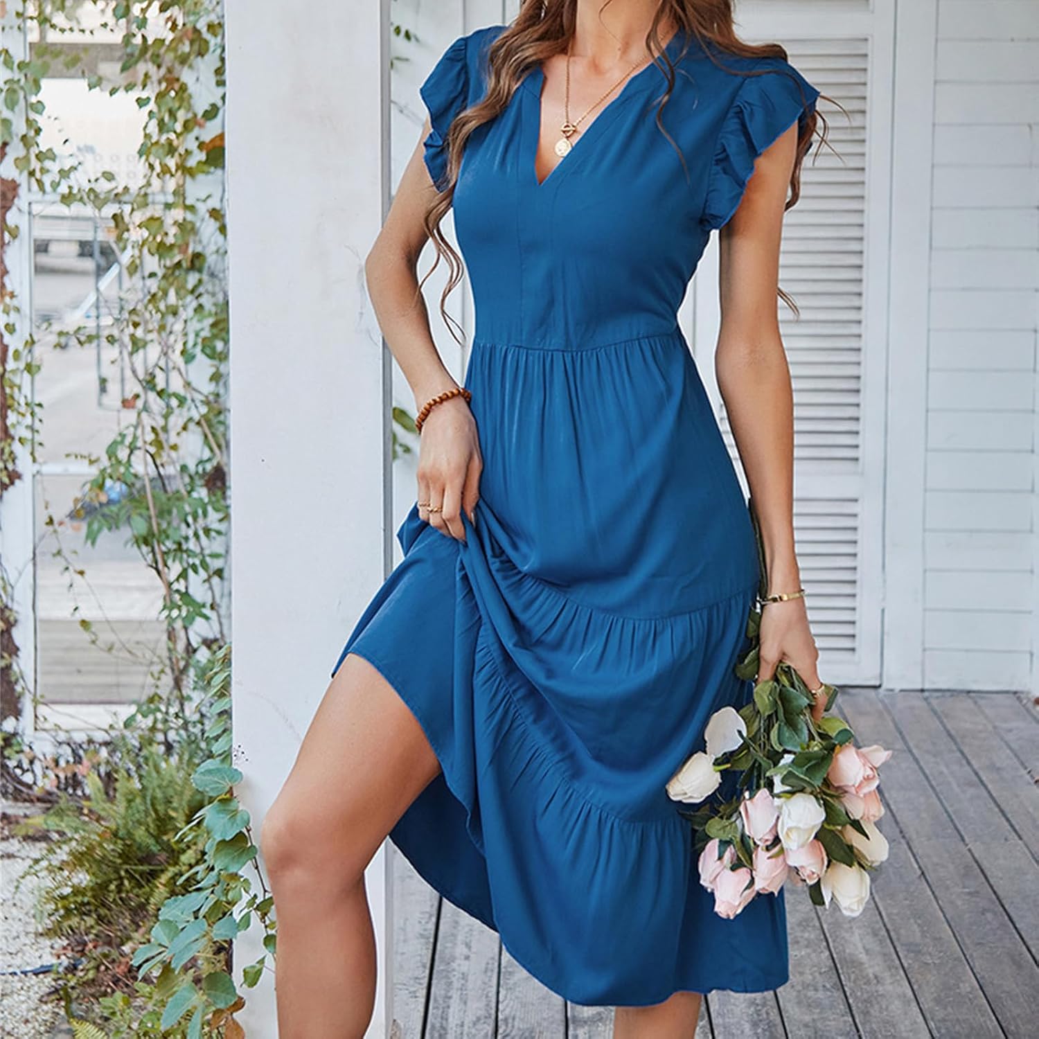 Kubbon Womens Summer Dresses Short Ruffle Puff Sleeve V Neck Long Dress Flowy Tiered Swing Beach Dress Casual Party Dress