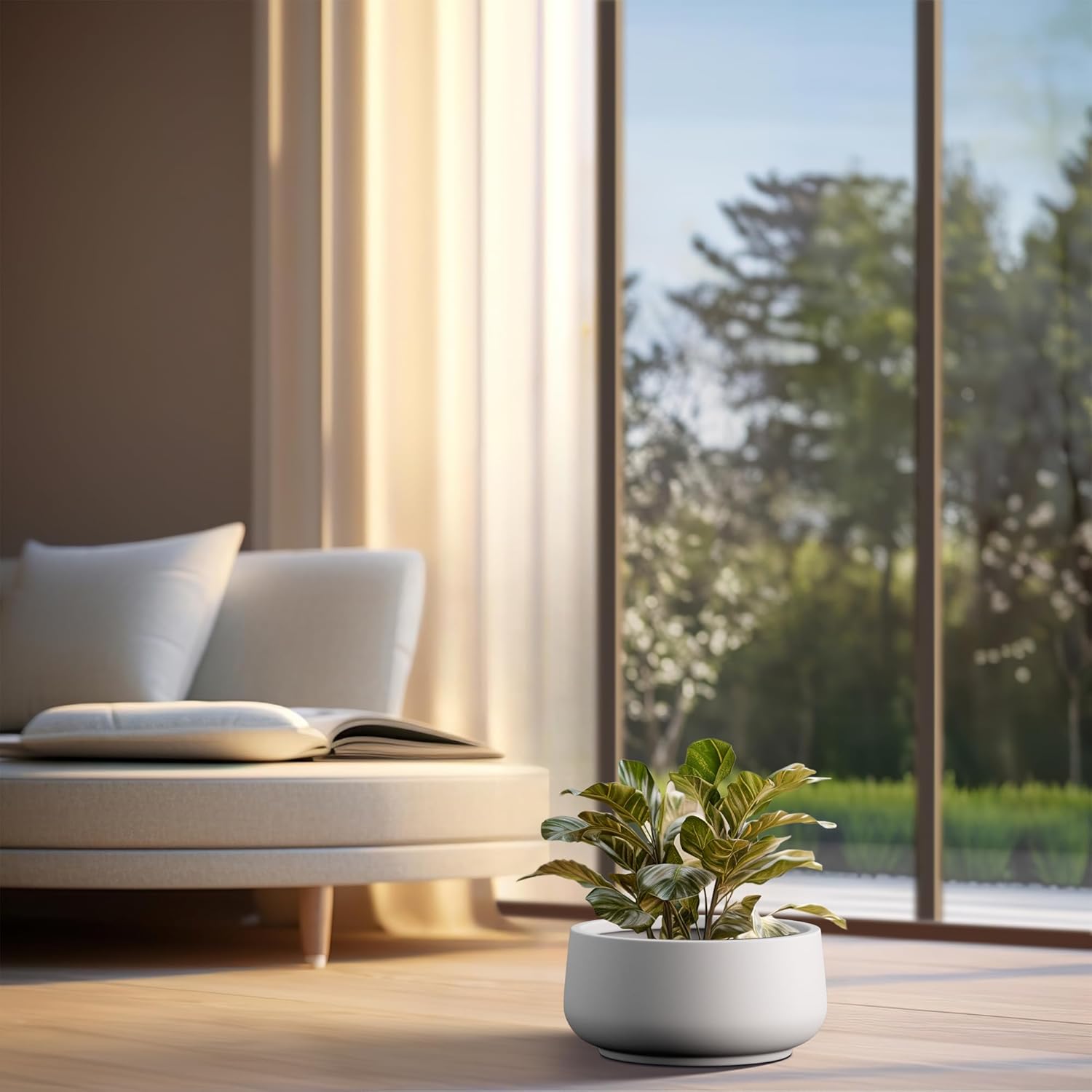 Kante 13.4" Dia Round Curvy Concrete Planter, Large Plant Pots with Drainage Hole and Rubber Plug for Indoor Outdoor Plants, Flower Pot for Home Garden Patio Porch, White