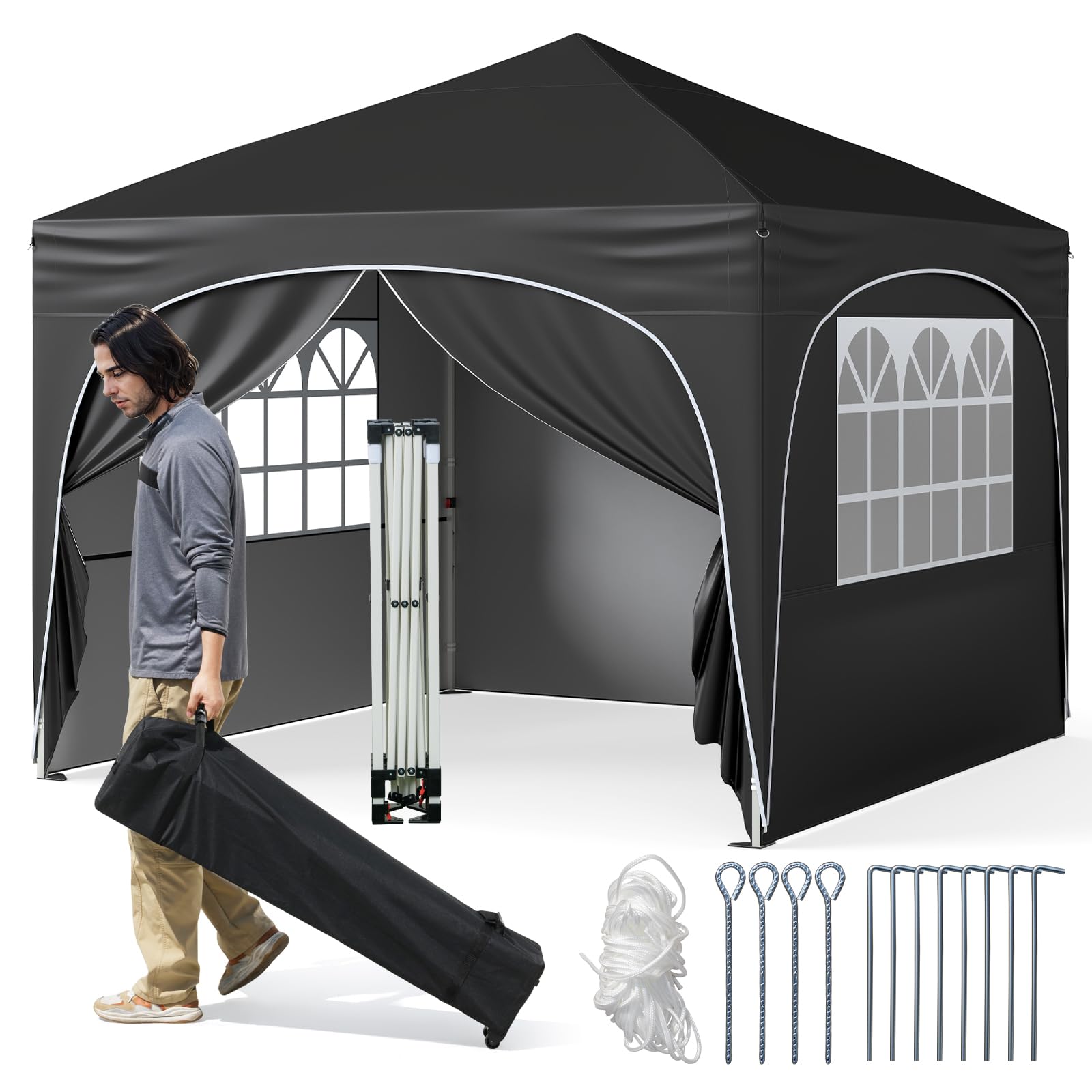 COSTWAY Pop up Gazebo, Outdoor Canopy Tent with 4 Removable Sidewall, Wheeled Bag, 4 Sandbags, Stakes & Wind Ropes, Portable Beach Sun Shelter Patio Party Event Tent (Black, 300 x 300 x 266-286 cm)