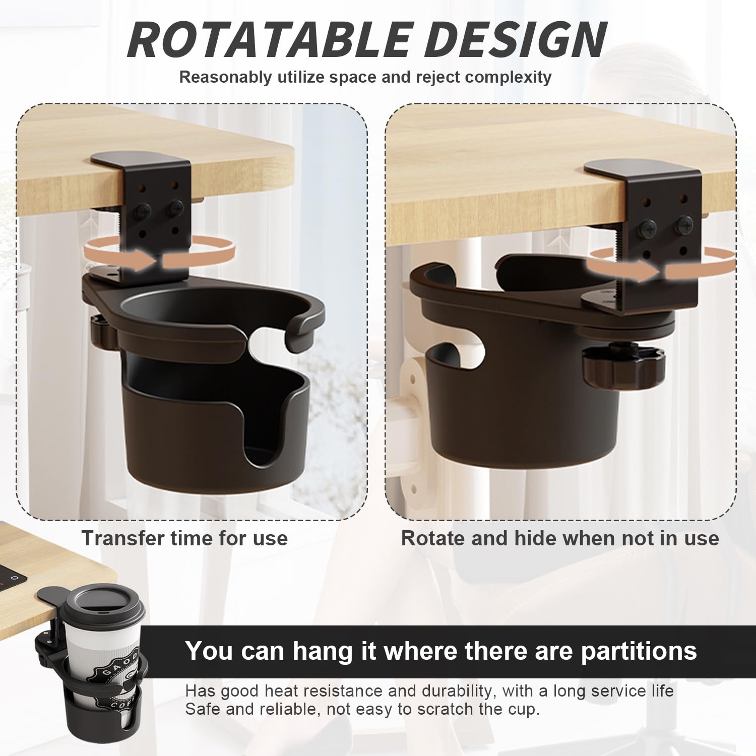 Porte-Gobelet De Bureau Rotatif 360° - Support Tasse, Bouteille, Casque - Clip Table Sans Perçage, Détachable - 6