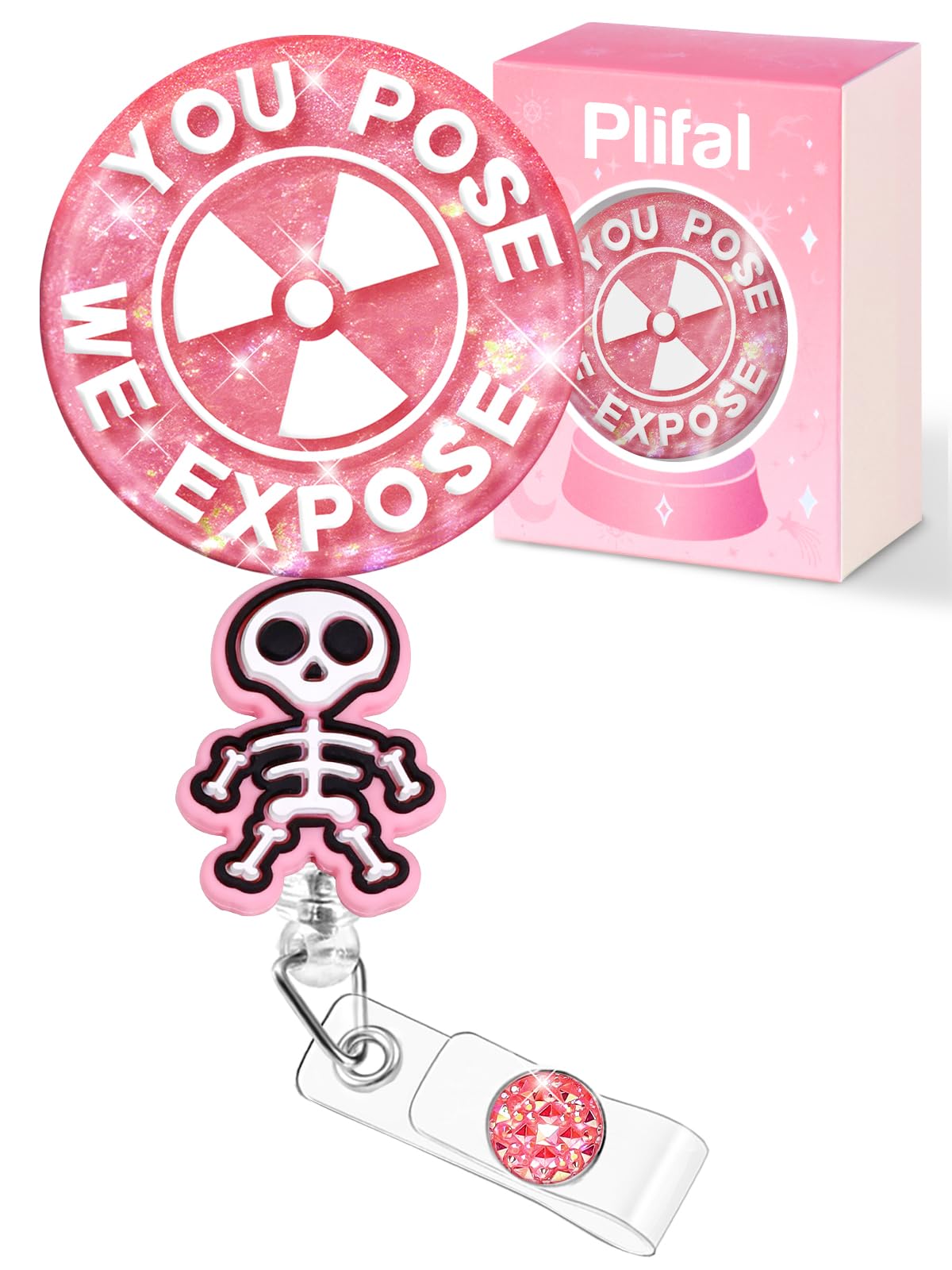 Plifal Badge Reel Holder Clip - Funny Radiology Rad Tech Pink Retractable ID Name Card Badge Reel with Charm Alligator Clip, Office Nurse Nursing Medical Worker Student Accessories Gifts โ image 1