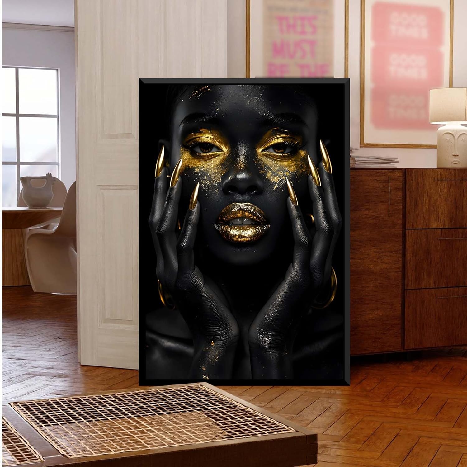 Gold African Women Canvas Painting Wall Art Black Women Canvas Print Women Portrait Print Canvas Wall Decor Poster Wall Decor 12x16in Metal blackFramed